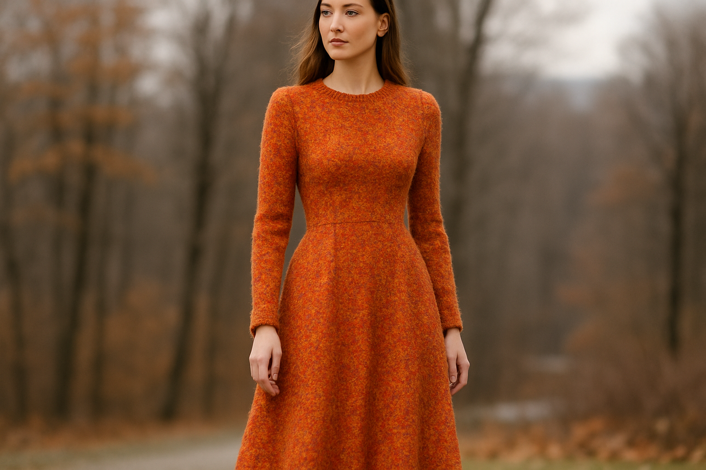 A LOVELY DRESS WITH COLD WEATHER OUTDOOR WITH Designer Knitted Wool Blend Boucle - Orange / Yellow / Red