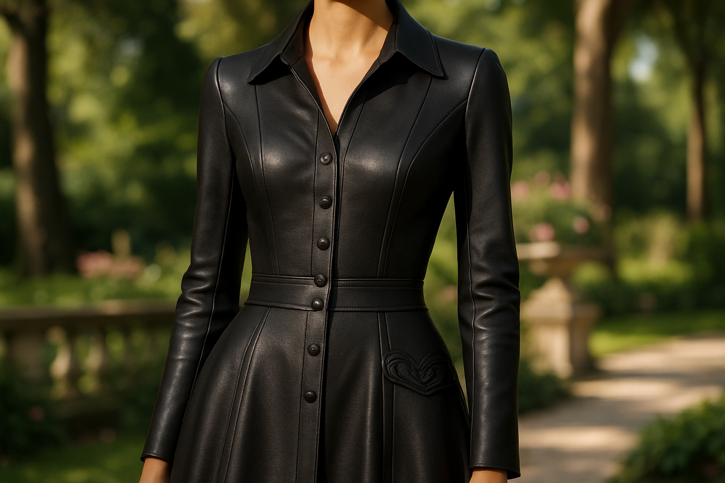 a lovely dress with detail in outdoor background Stretch Cotton - Matte Leather Finish - Jet Black