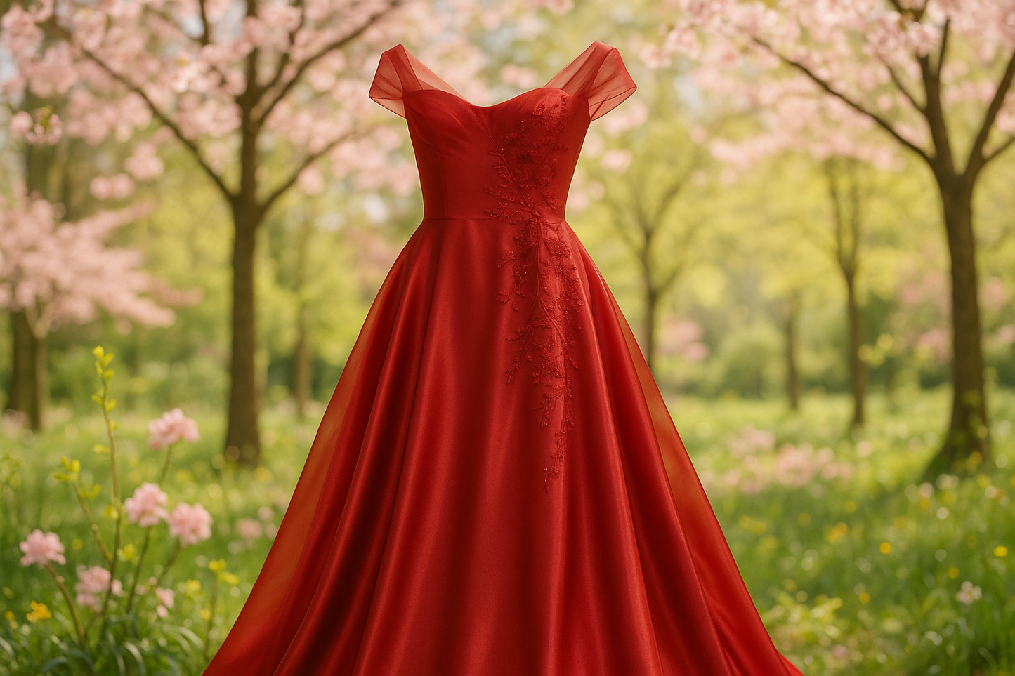 a lovely dress with detail in spring background for silk satin face organza red