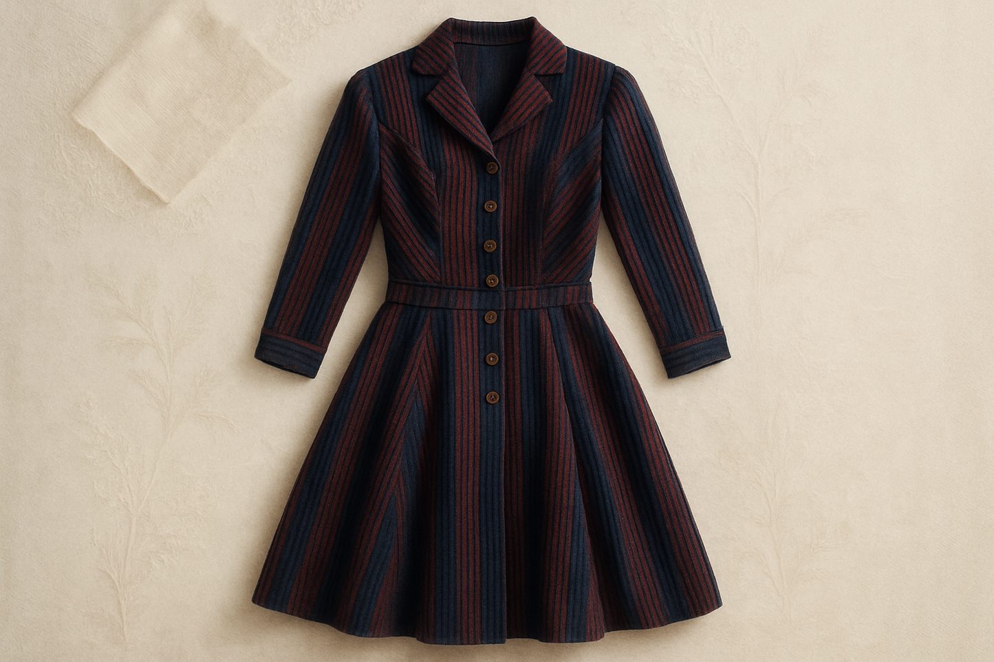 a lovely dress with detail light background with Stripe Cotton Corduroy - Navy Blue & Burgundy