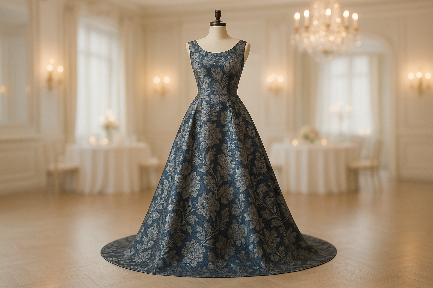 a lovely evening long dress in party room with light background with Designer Silver Grey & Navy Double Sided Floral Brocade