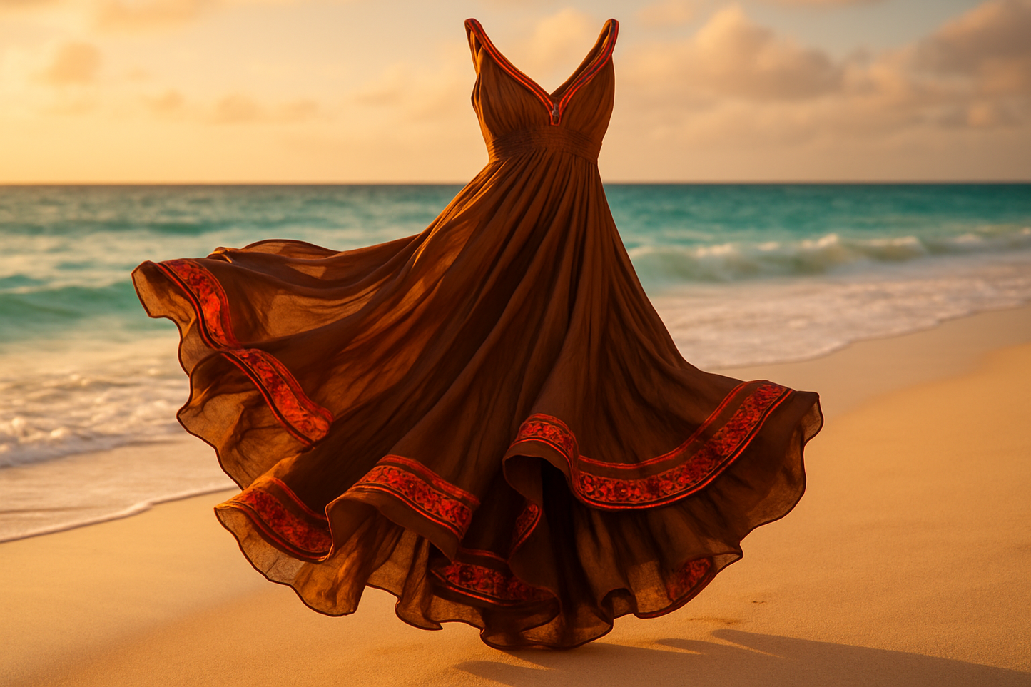 a lovely Floy umbered dress in beach background with colors red and orange