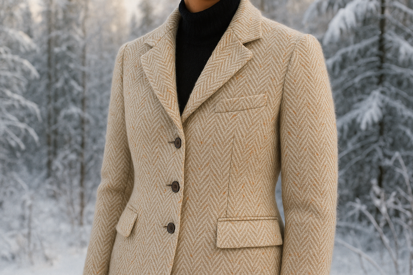 a lovely jacket in cold weather background for This is unique tweed Melton wool. Oatmeal and cream herringbone is accented with specks of orange and grey. This wool will have you looking beautiful while keeping you warm. Good for making coats and jackets.
This fabric would look great as the Hayden Coat from Vikisews Patterns