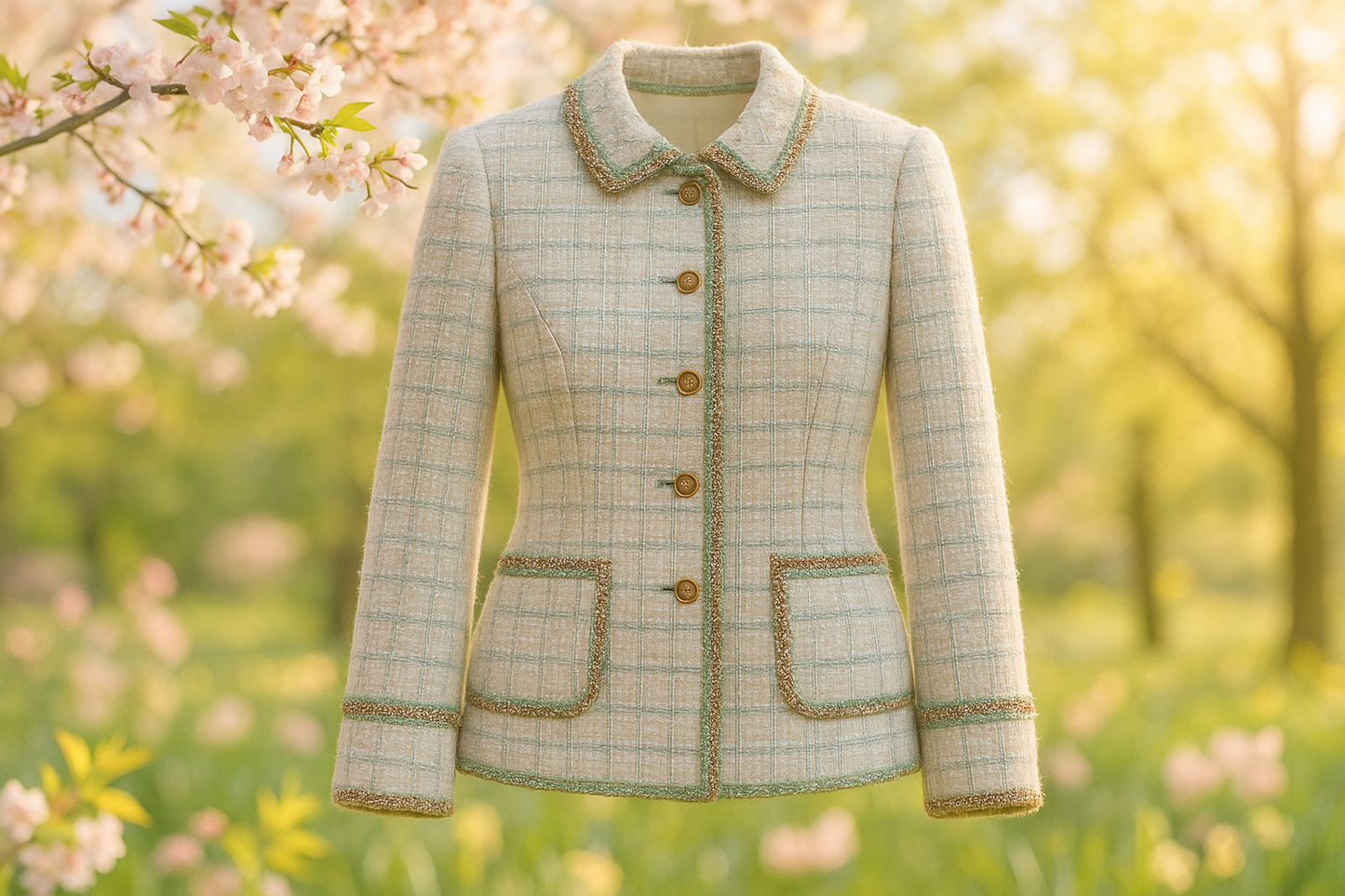 a lovely jacket with spring background Woven Boucle with main color ivory detail in silver lurex ,green,brown