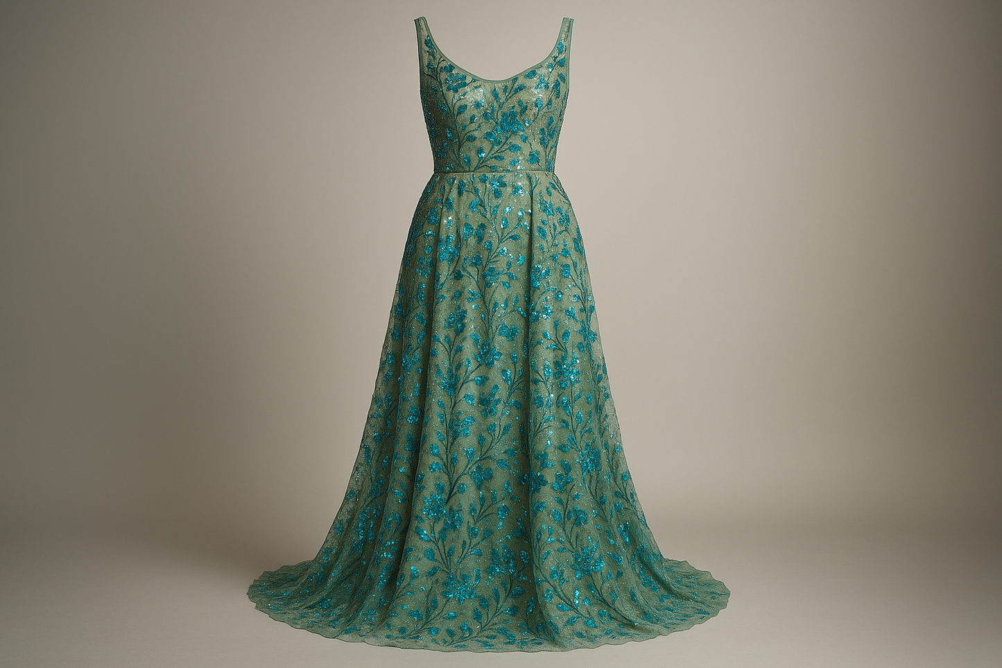 a lovely long dress for evening with Floral Embroidered Sequin Mesh - sage mesh and blue /green sequence