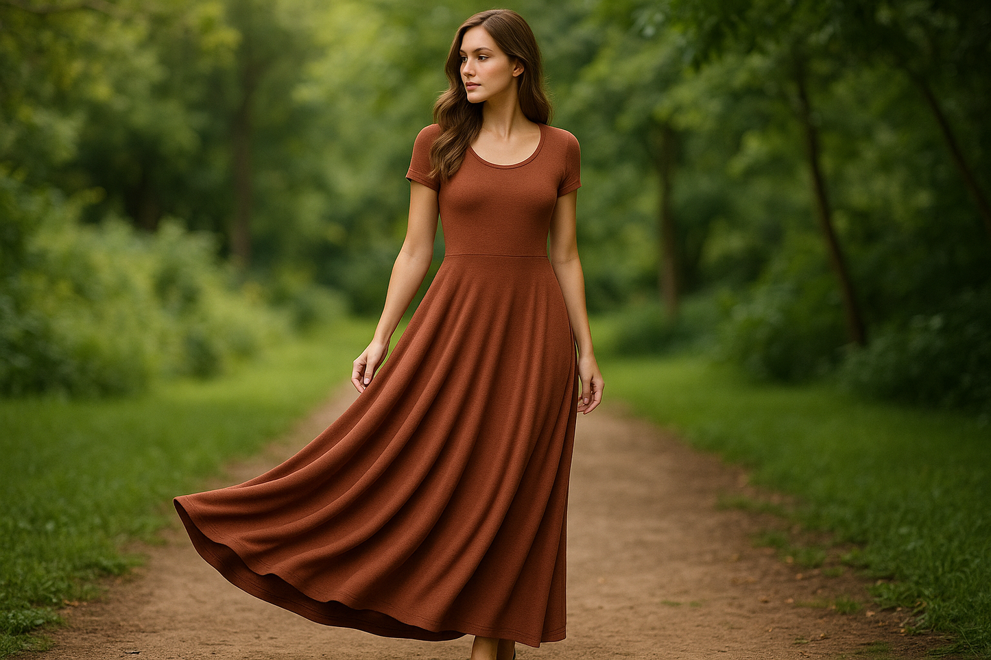 a lovely long dress in outdoor with This is a soft & durable rayon double knit fabric! This textile is great for figure flattering garments, due to its thicker jersey with a full-bodied drape. Great for dresses, skirts, and pants. 