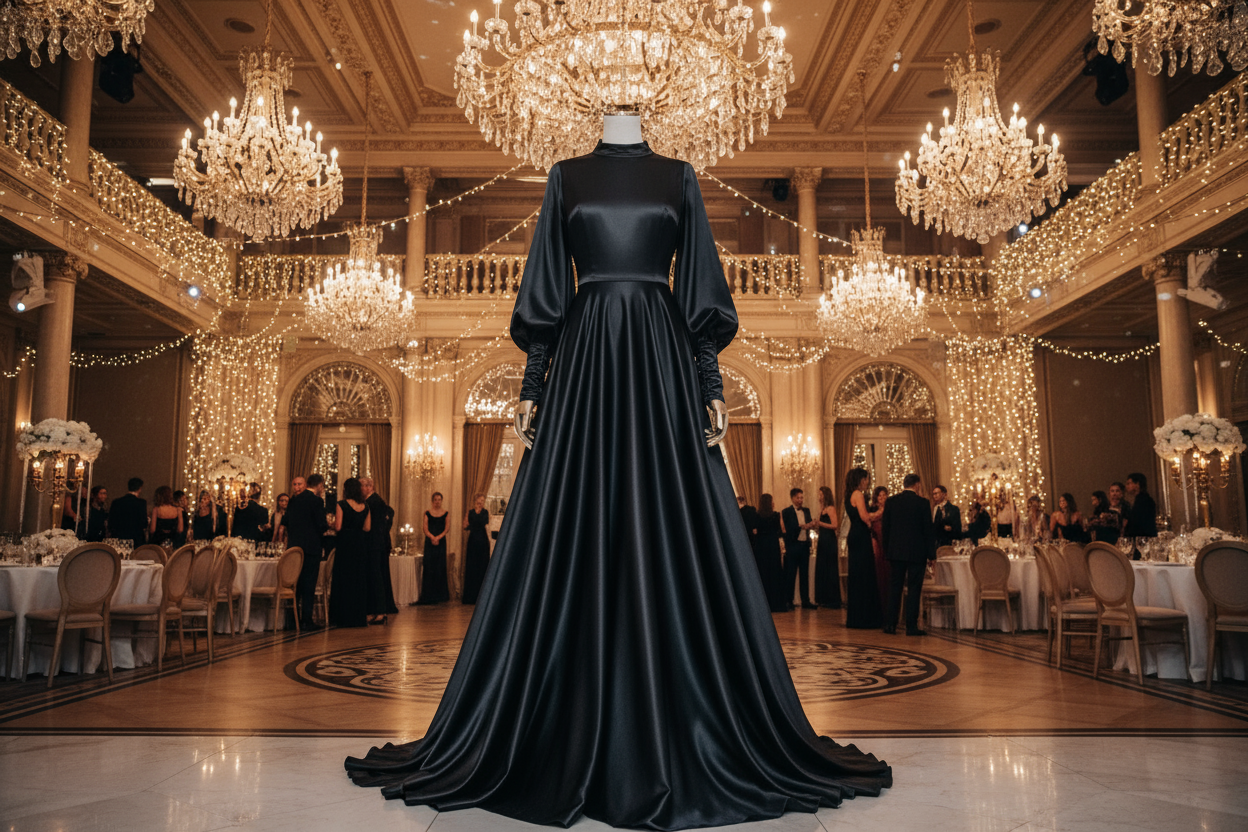 a lovely long dress with Medium Poly Satin - Jet Black in party room background
