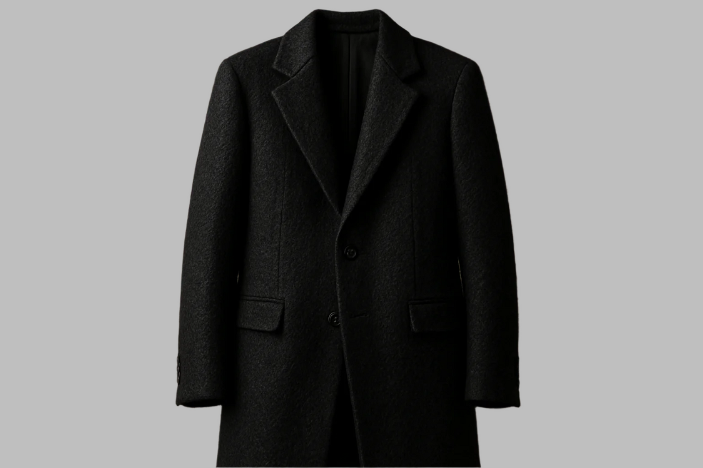 a lovely long jacket with textured and heavy Faux Camel Hair Wool - Jet Black