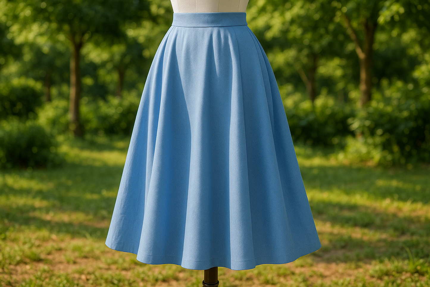 a lovely long skirt in out door with detail for Sky Blue Cotton Shirting pms # 16-4020