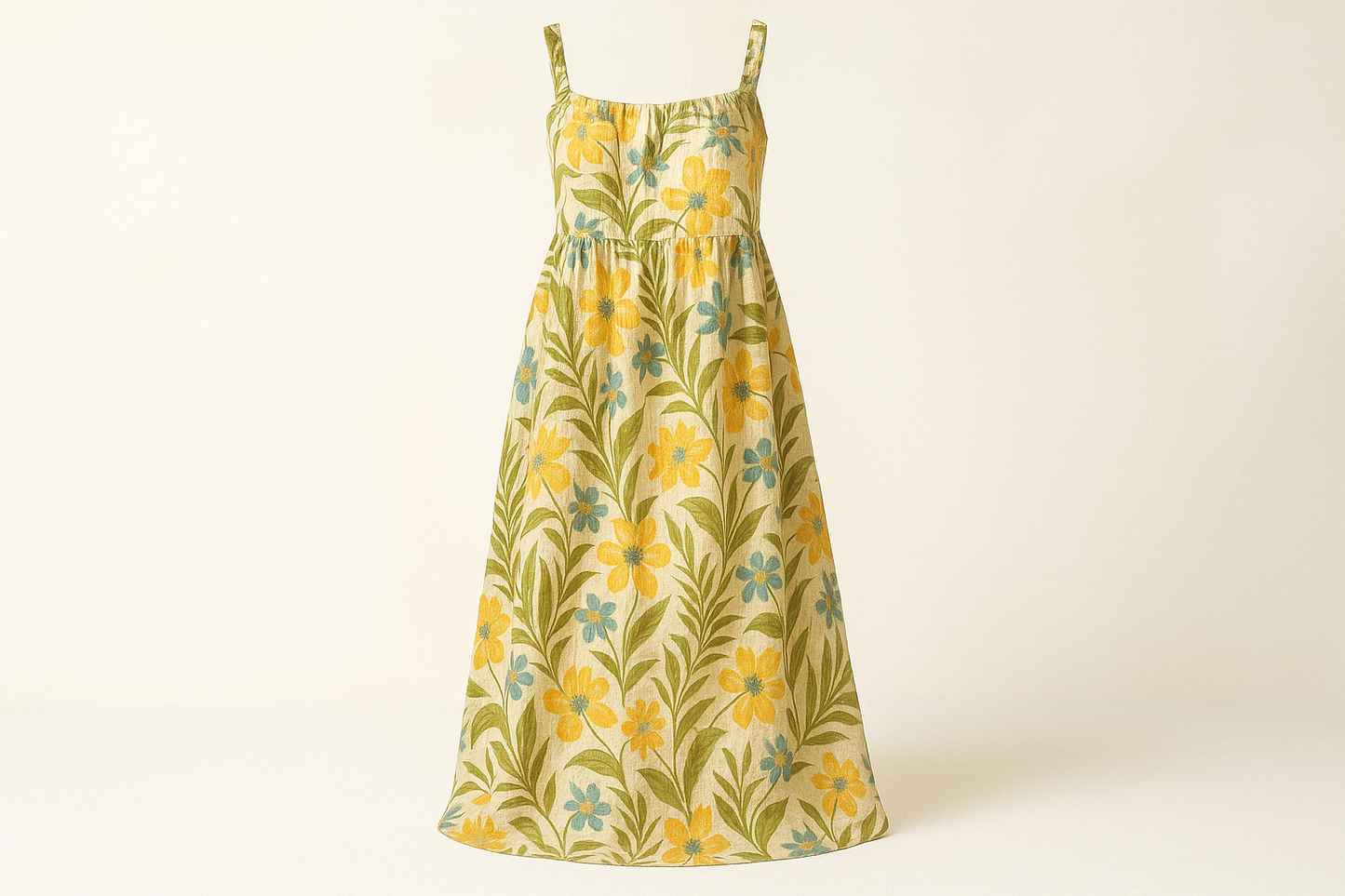 a lovely long summer dress with light background with Textured Lightweight Cotton - Tropical Floral - Olive, Yellow & Blue