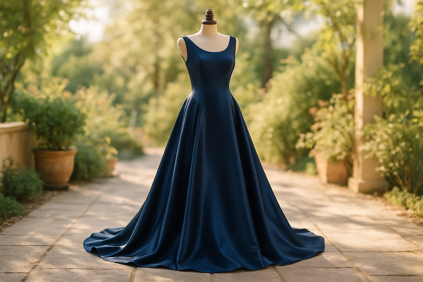 a lovely satin dress in color navy in light out door view