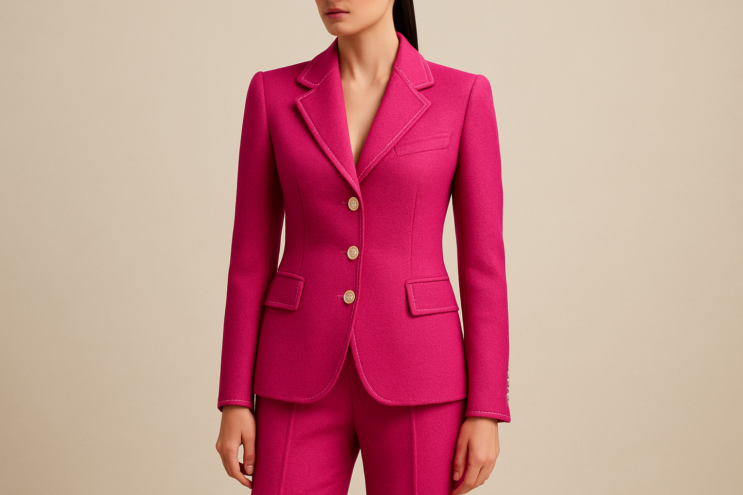 a lovely suit with detail for cold weather with Italian Designer Double Faced Virgin Wool Crepe - Hot Pink