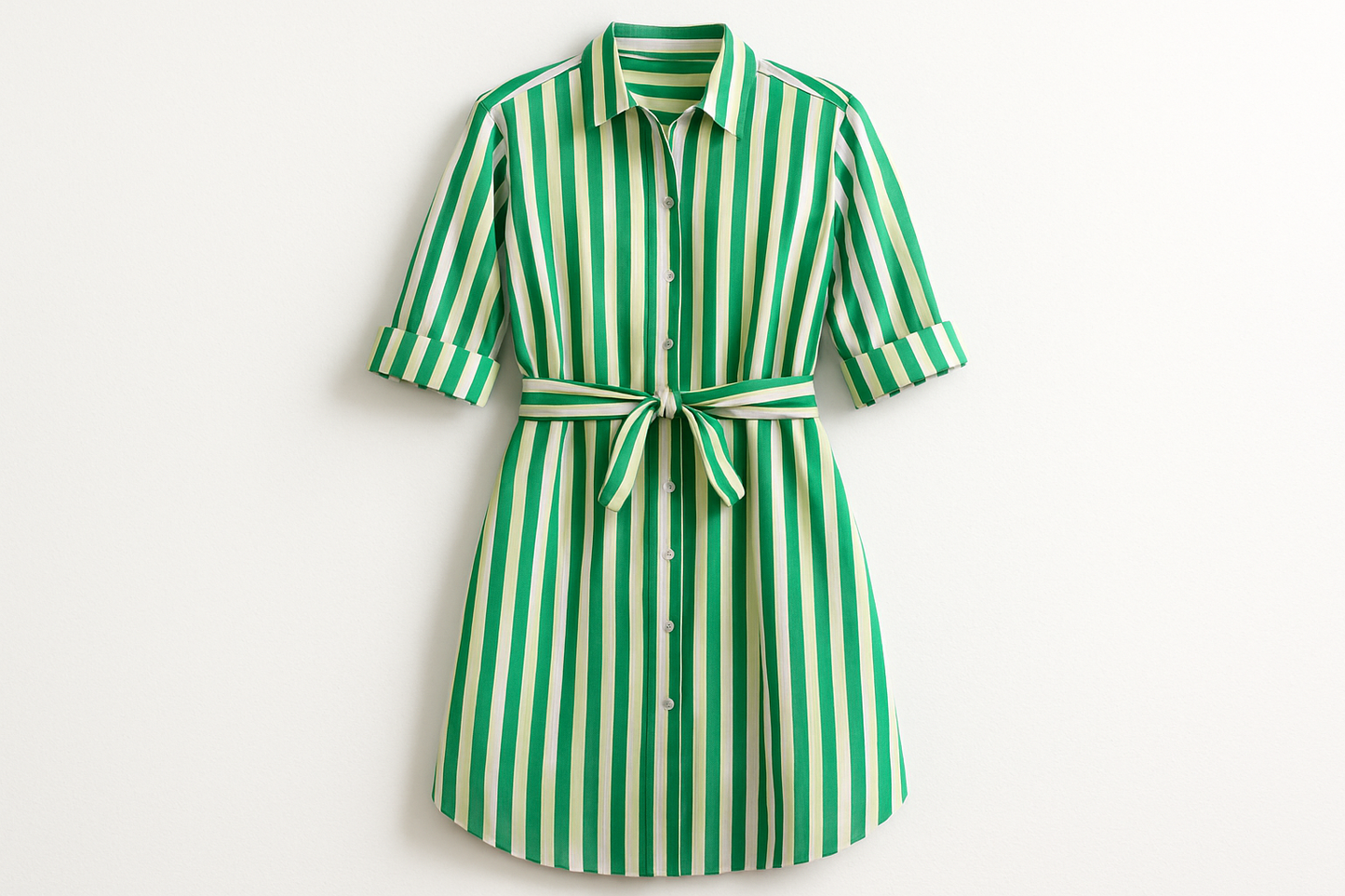a lovely summer detail shirt dress with Italian Stripe Cotton Shirting - Kelly Green & Off White