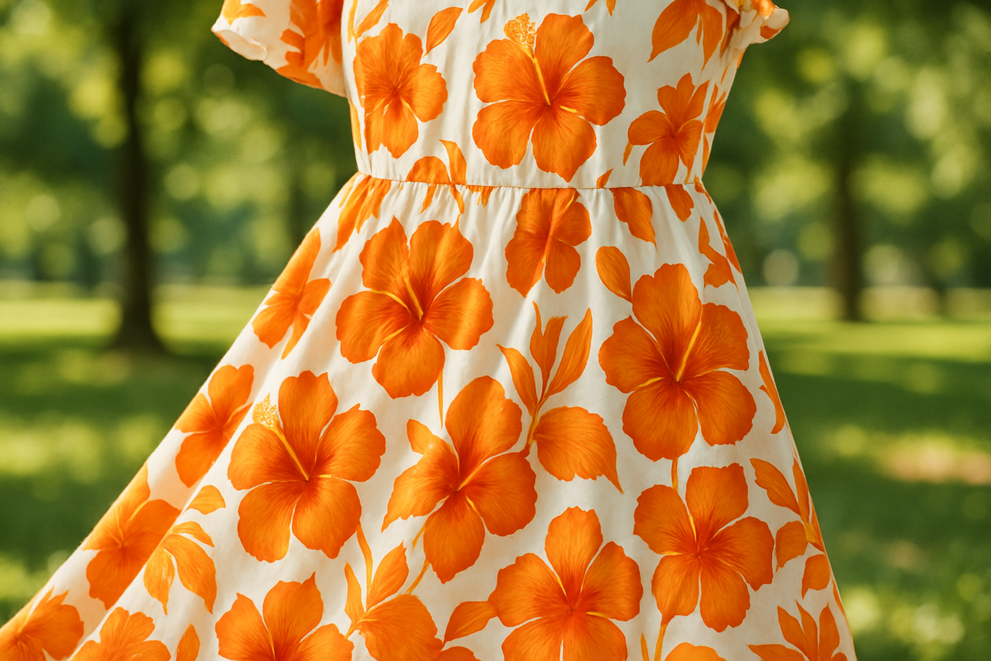 a lovely summer dress detail in park with This is a lovely cotton poplin printed with Hawaiian hibiscus flowers. Colorful orange hibiscus flowers pop on a bright white backdrop! This fabric is a great choice for spring and summer garments. Use this fabric for a flowy dress, pant or top! 