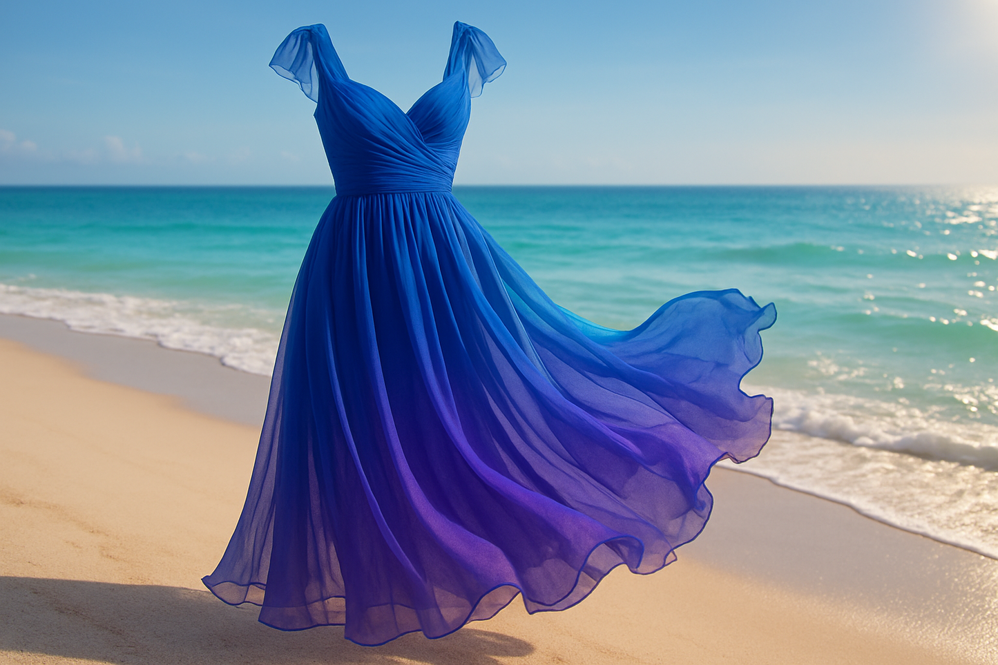 a lovely summer dress detailed in beach background with chiffon umbrid color royal blue and purple