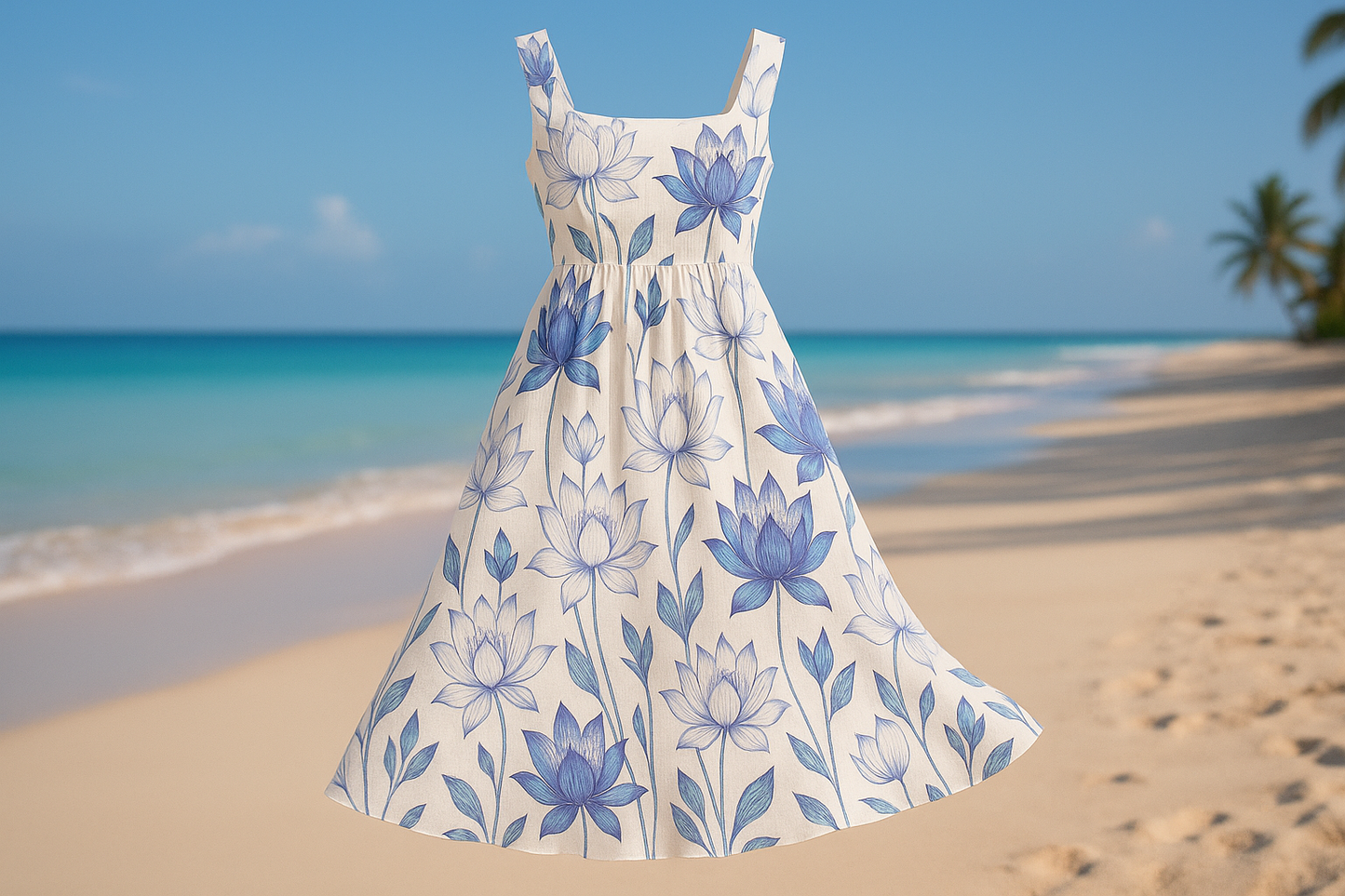 a lovely summer dress in beach background with Lotus Floral Print Lightweight Cotton - White, Blue & Purple