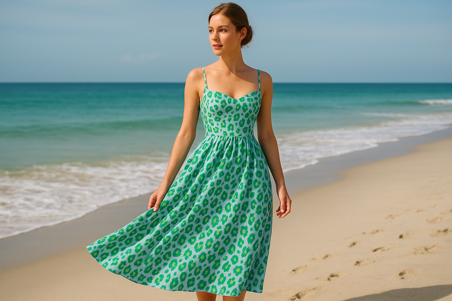 a lovely summer dress in out door beach with This Italian-made cotton features a stylish cheetah print in a vibrant color scheme. The cheetah spots are a lively spring green set against a soft blue background. Ideal for crafting dresses, trousers, skirts, and jackets.
This fabric would look great as the Diana Dress from Vikisews Patterns cheetah print white background Green & Blue