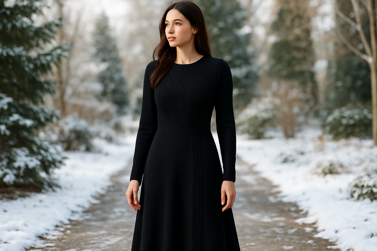 a lovely winter look dress with detail on day light outdoor for Double Knit Rayon- Jet Black