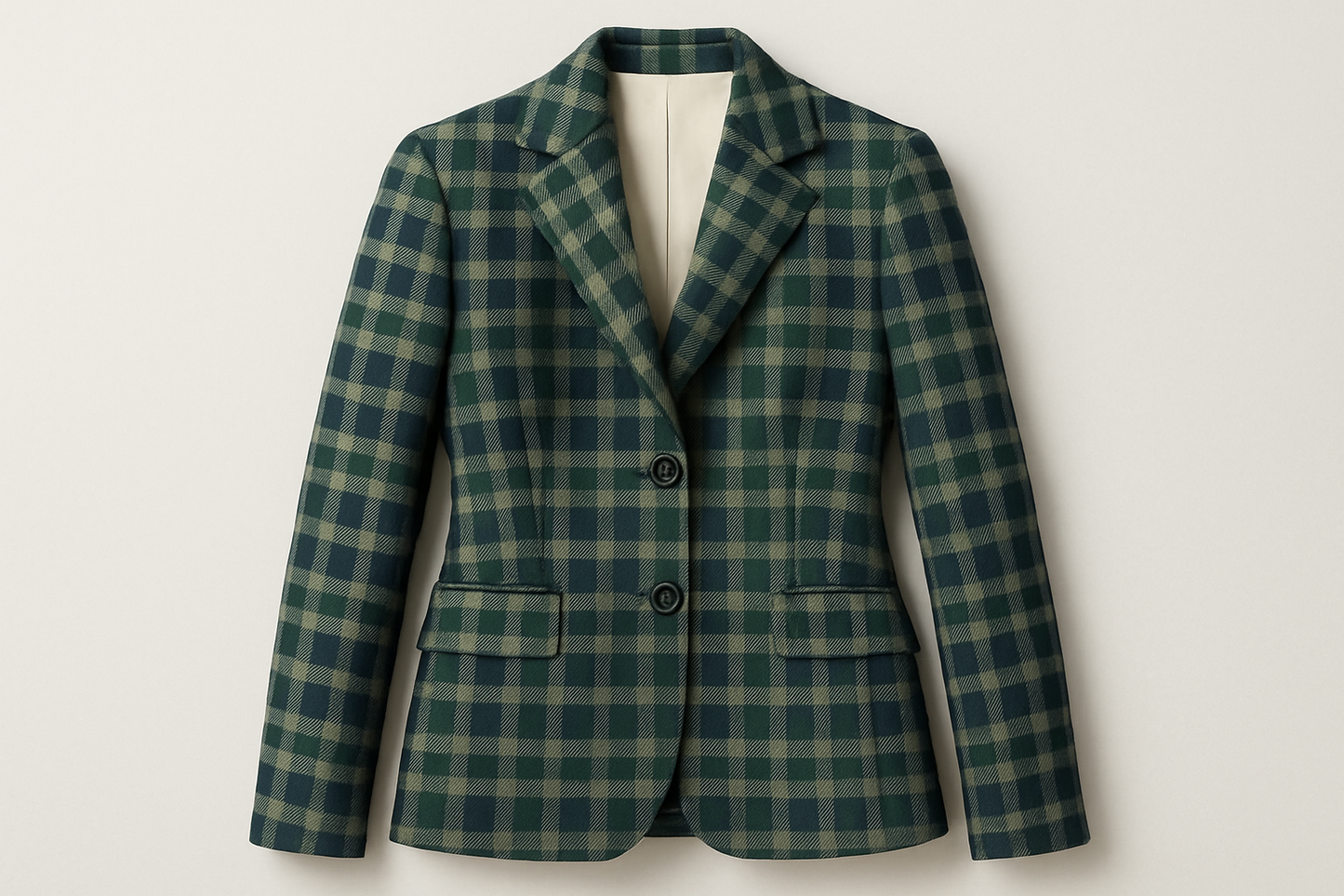 a nice jacket for young lady light background with Italian Double-Faced Gingham Cotton Twill - Green, Blue, Black & White