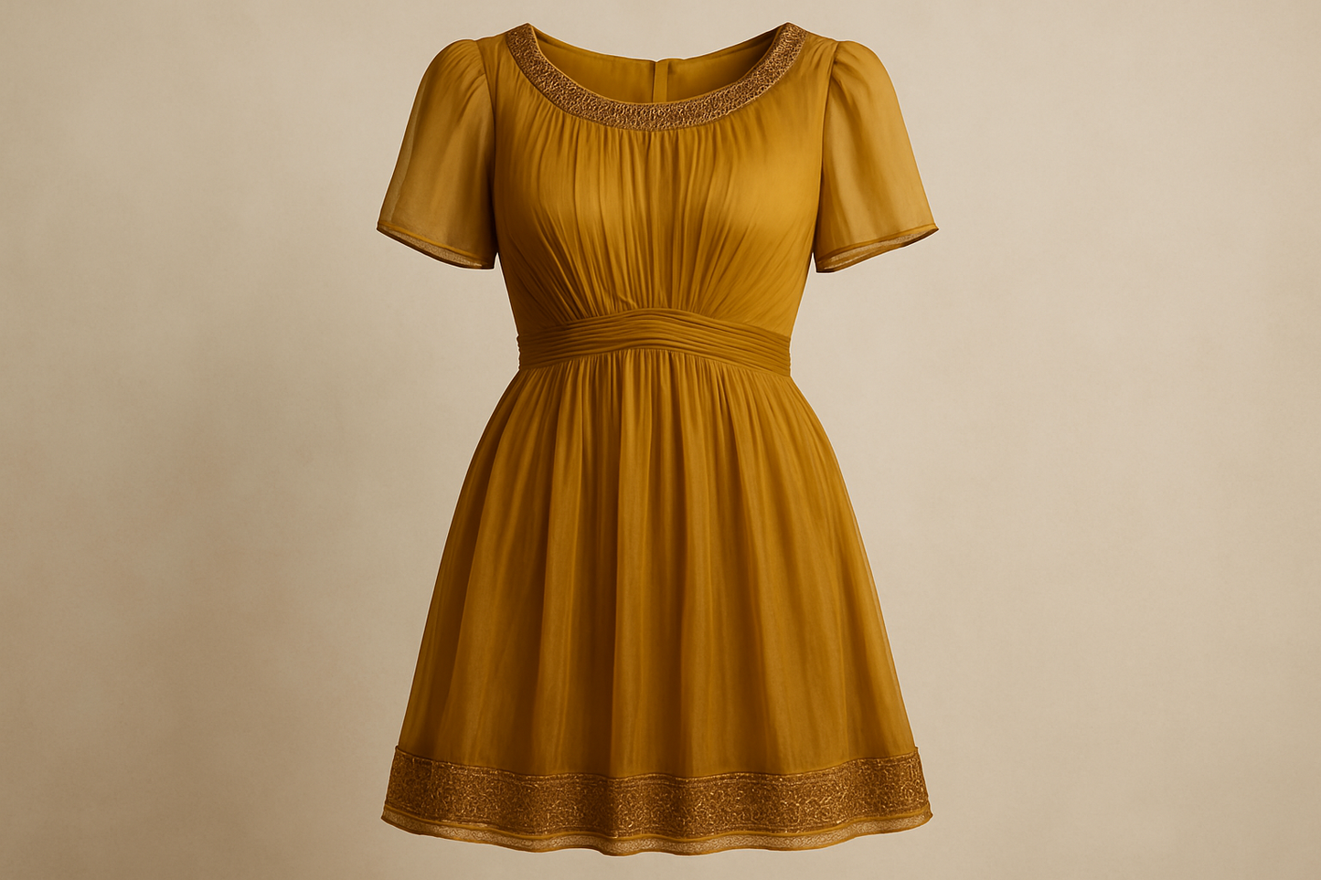 a short fancy dress with silk chiffon in color dark yellow with detail
