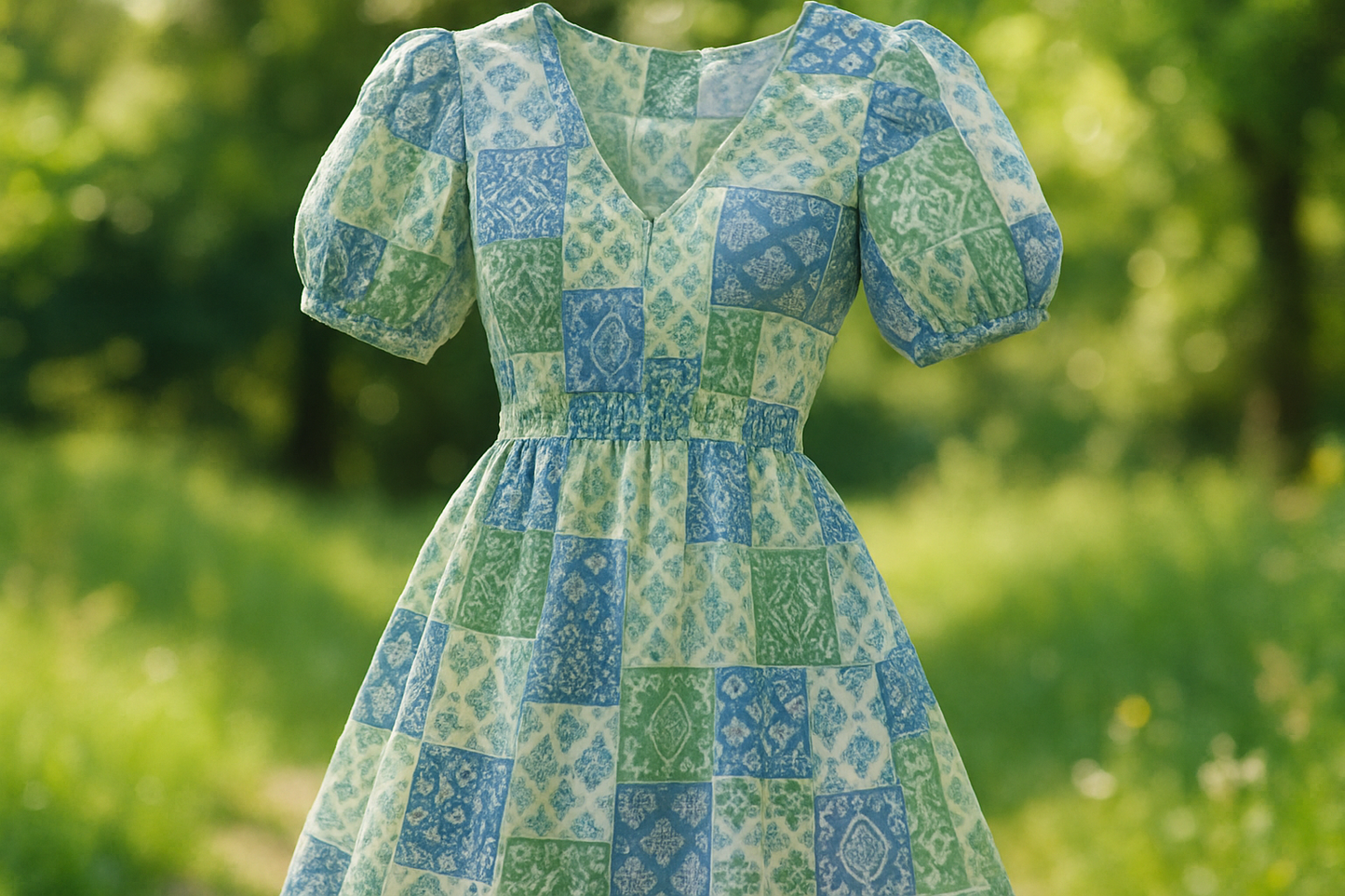 a summer dress with detail in light outdoor with Textured Lightweight Cotton - Patchwork Print - Blue, White & Green
