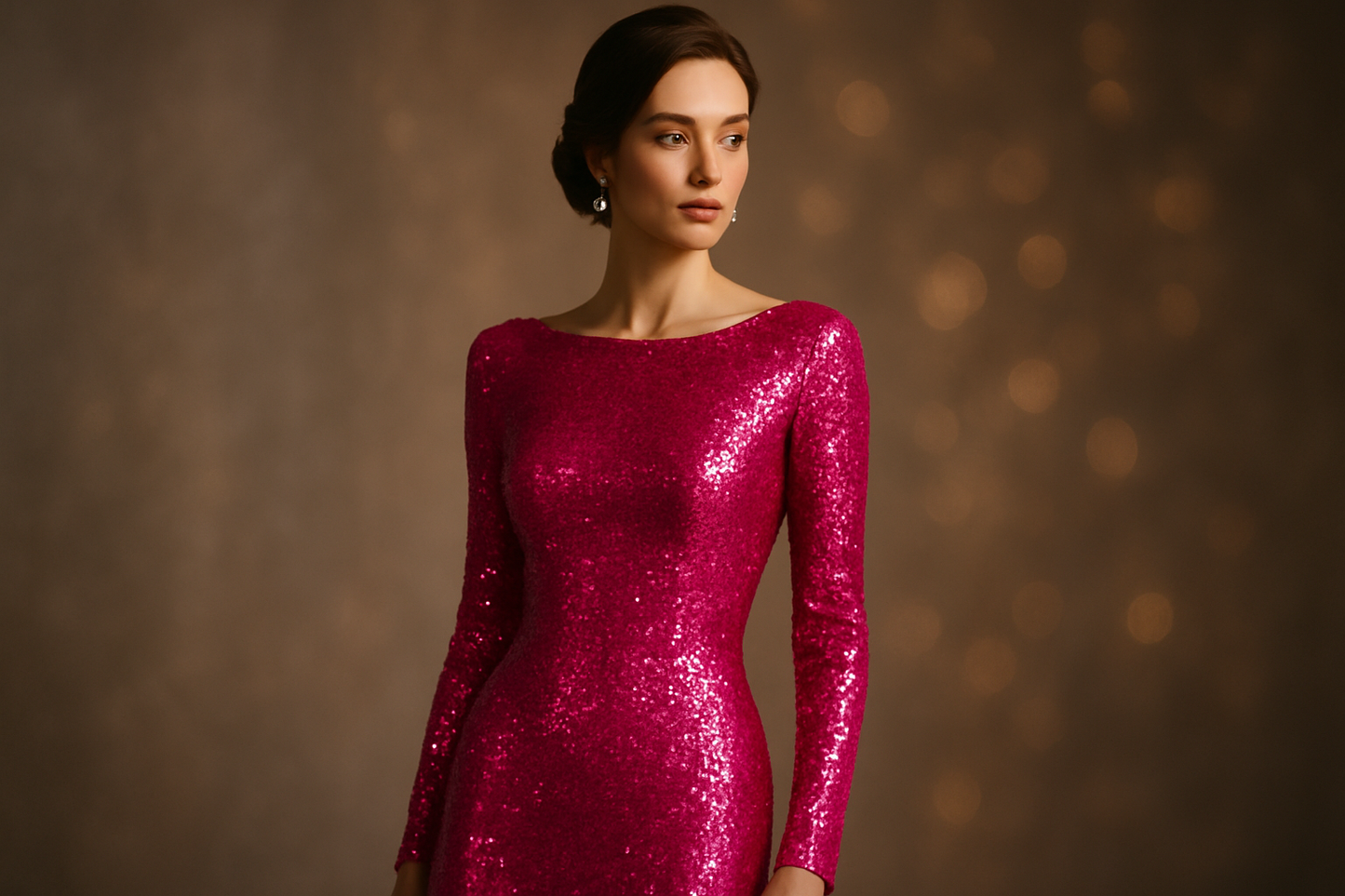 create an elegant image of a woman wearing a hot pink sequin dress