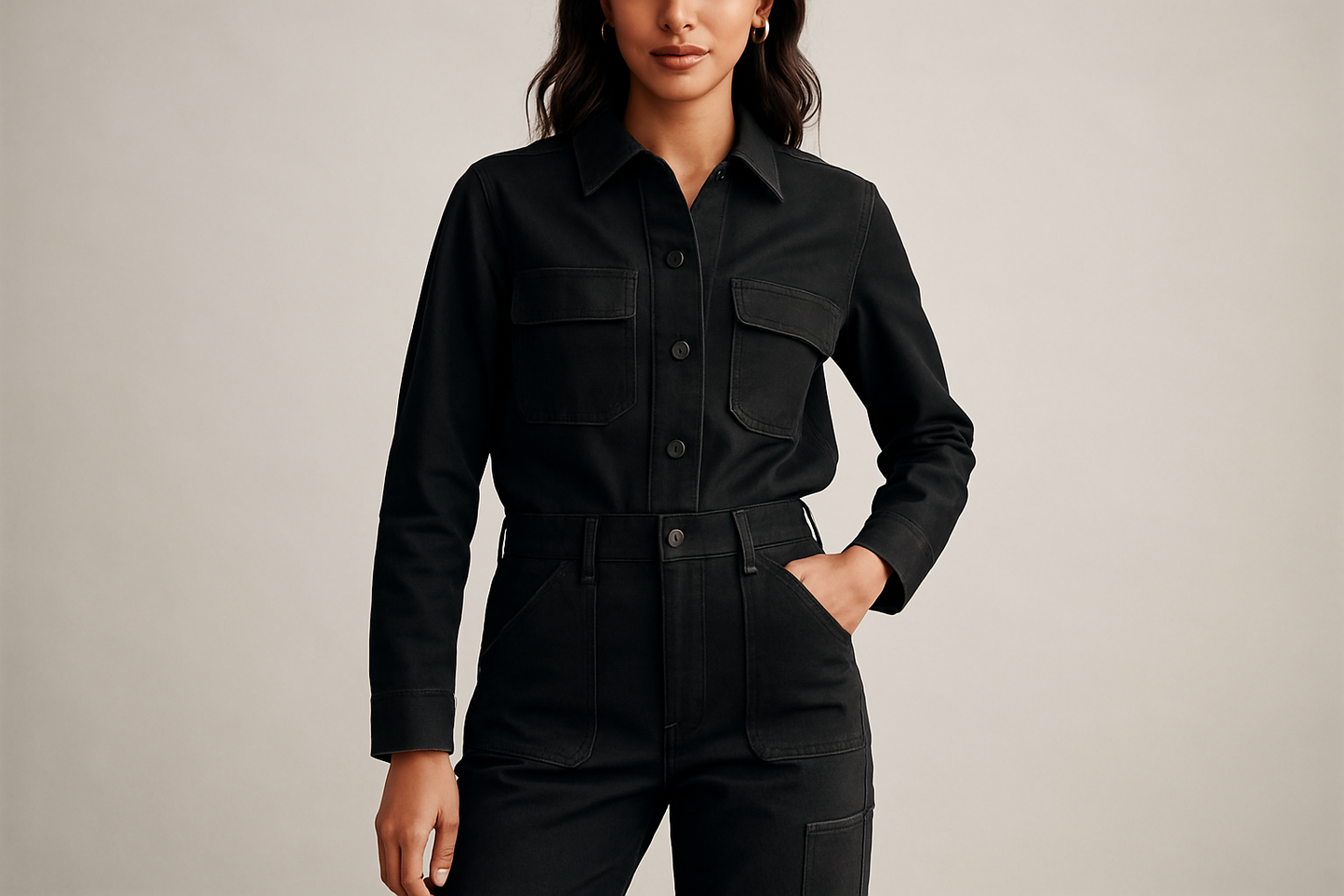 Create an image of a woman in a trendy, black, canvas, work wear outfit