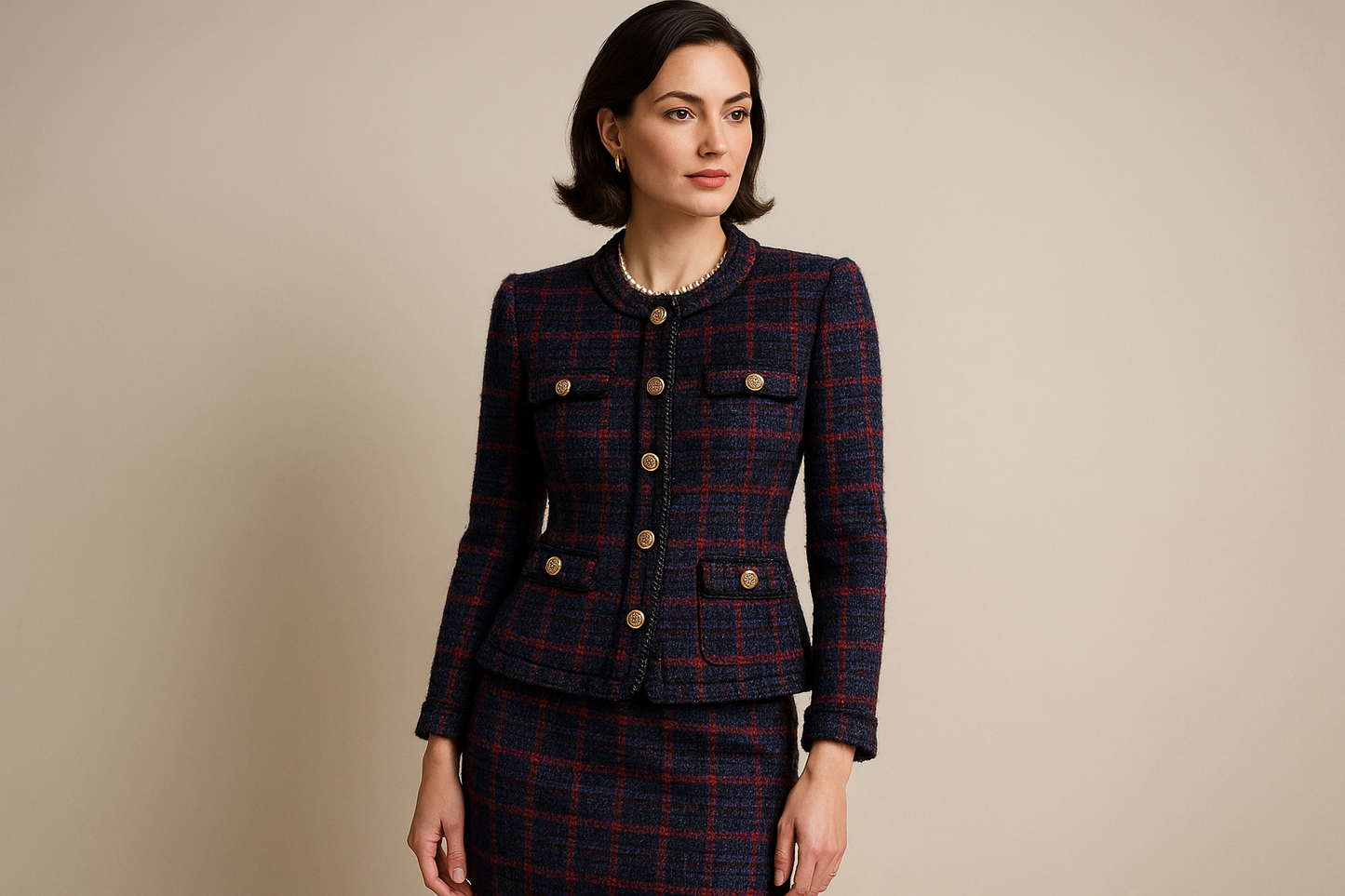 create an image of a woman wearing a Chanel inspired black, blue, red & purple plaid boucle suit.