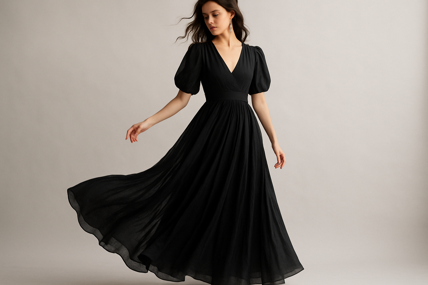Create an image of a woman wearing a flowy long cotton voile dress in black