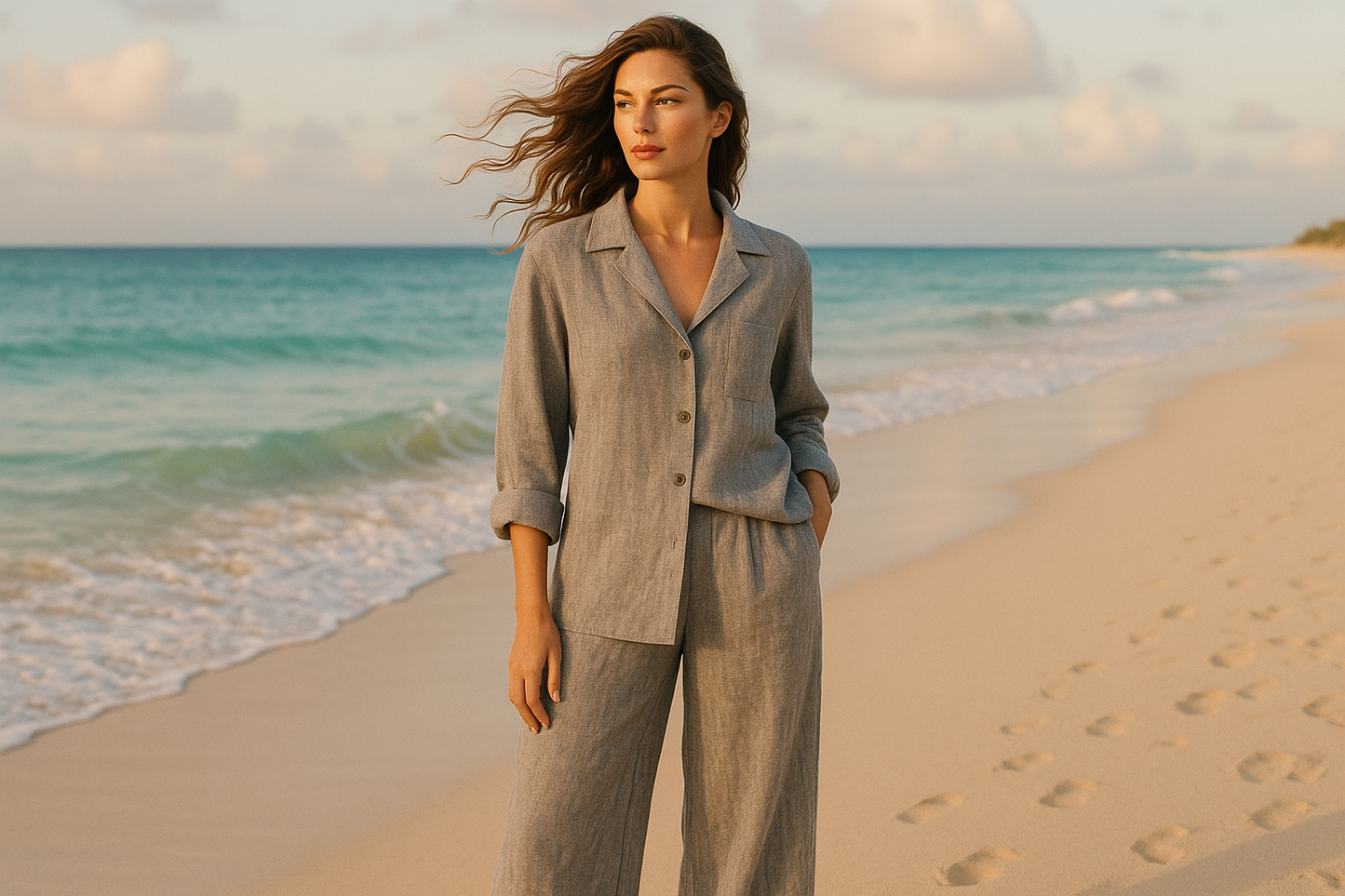 create an image of a woman wearing a heather grey linen matching set on the beach