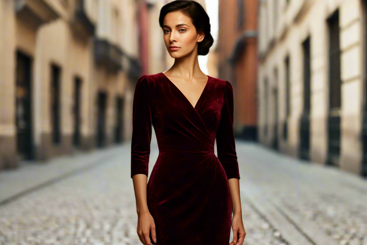 Create an image of a woman wearing an elegant dark red/ burgundy velvet dress