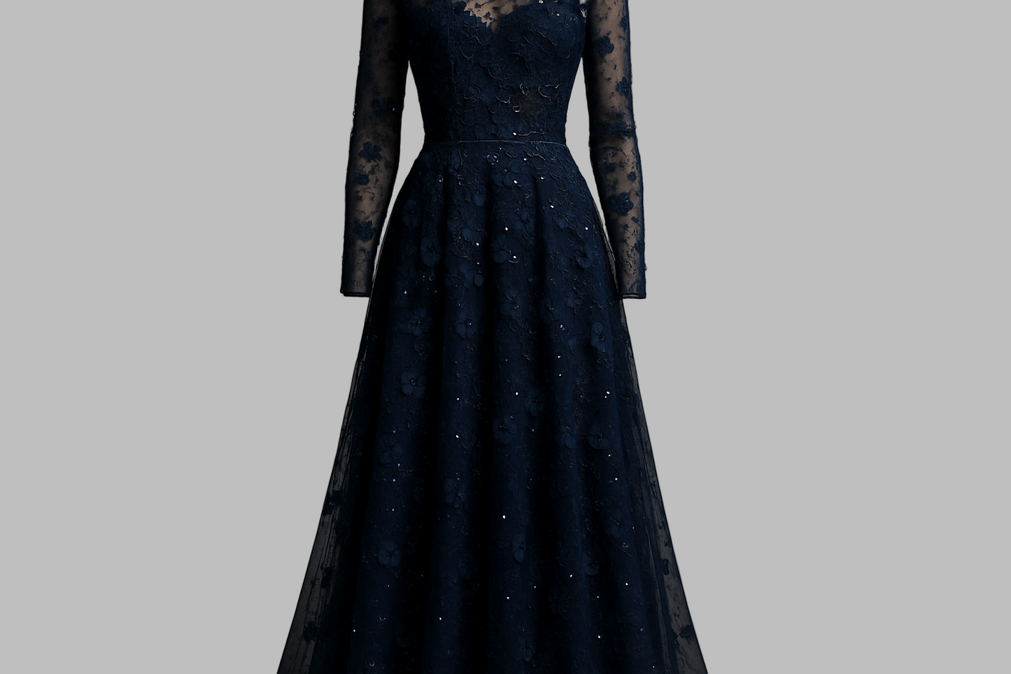 Evening dress made from a dark blue mesh fabric embellished with dark blue flowers and silver sequins