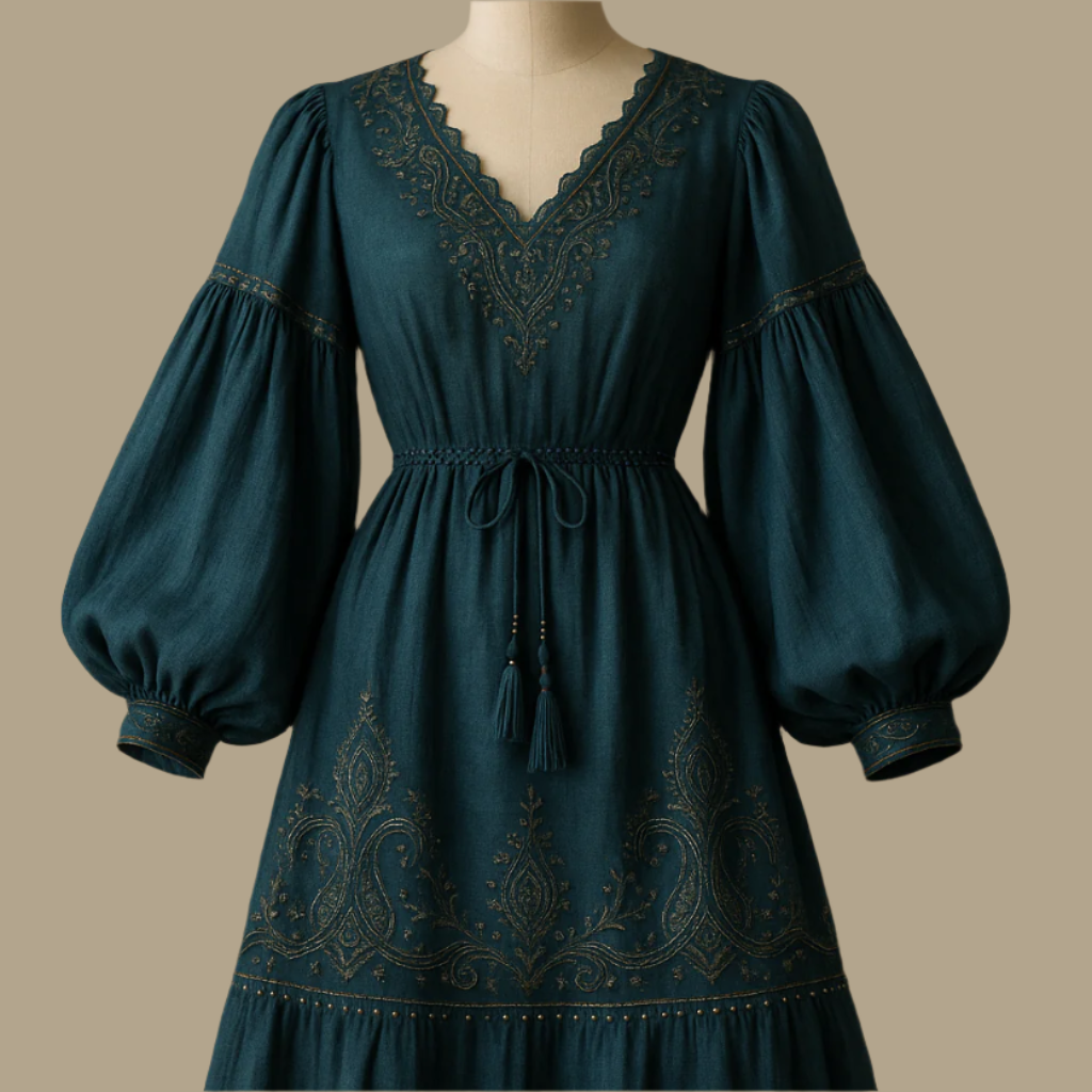 exotic lovely dress with detail for Linen - Dark Aqua Blue
