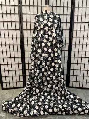 Italian Floral Plaid Print Burnout Silk & Cotton - Black/Navy/White/Silver