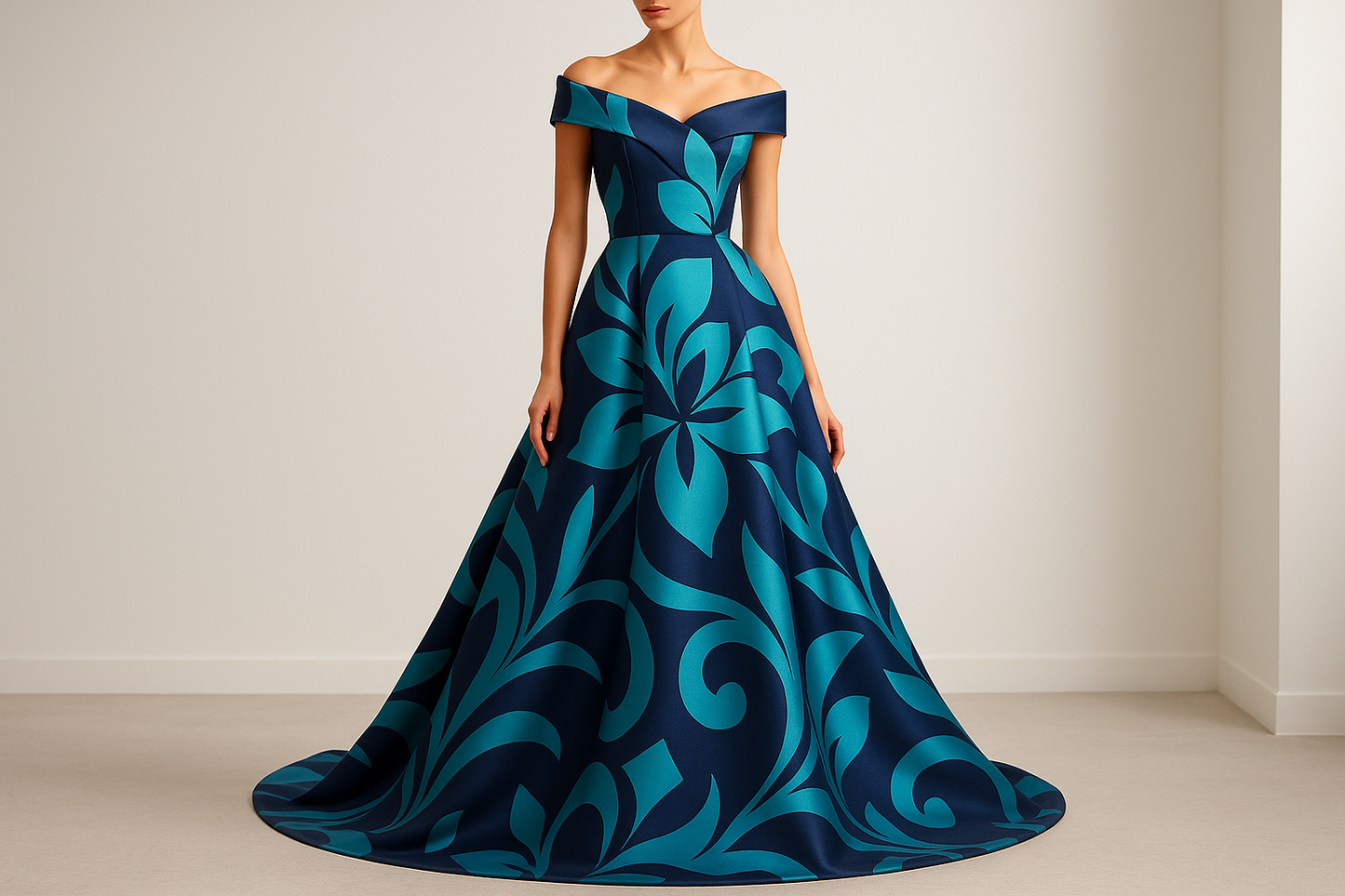 fantastic dress for young Jumbo Print Poly Zibeline - Navy Blue & Turquoise