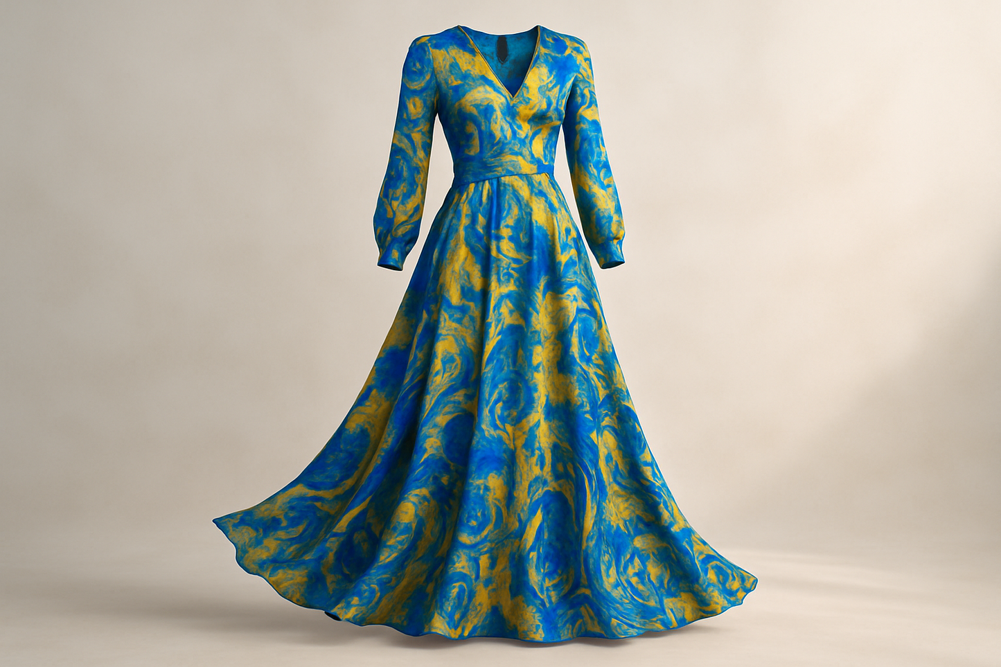 fantastic long drees flowy light background with Digital Printed Rayon Charmeuse - Blue & Yellow