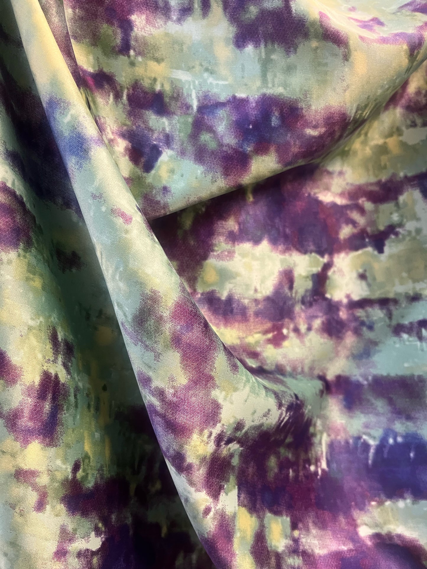 Fancy Print Stretch Poly Satin - Purple / Green / Black