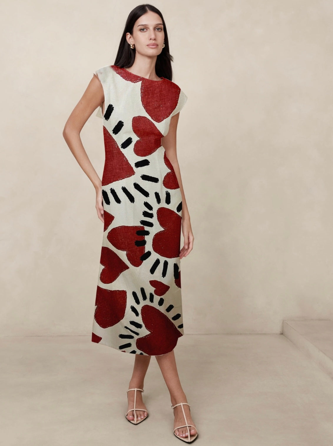 Beating Heart Linen Rayon: Black/Red/White