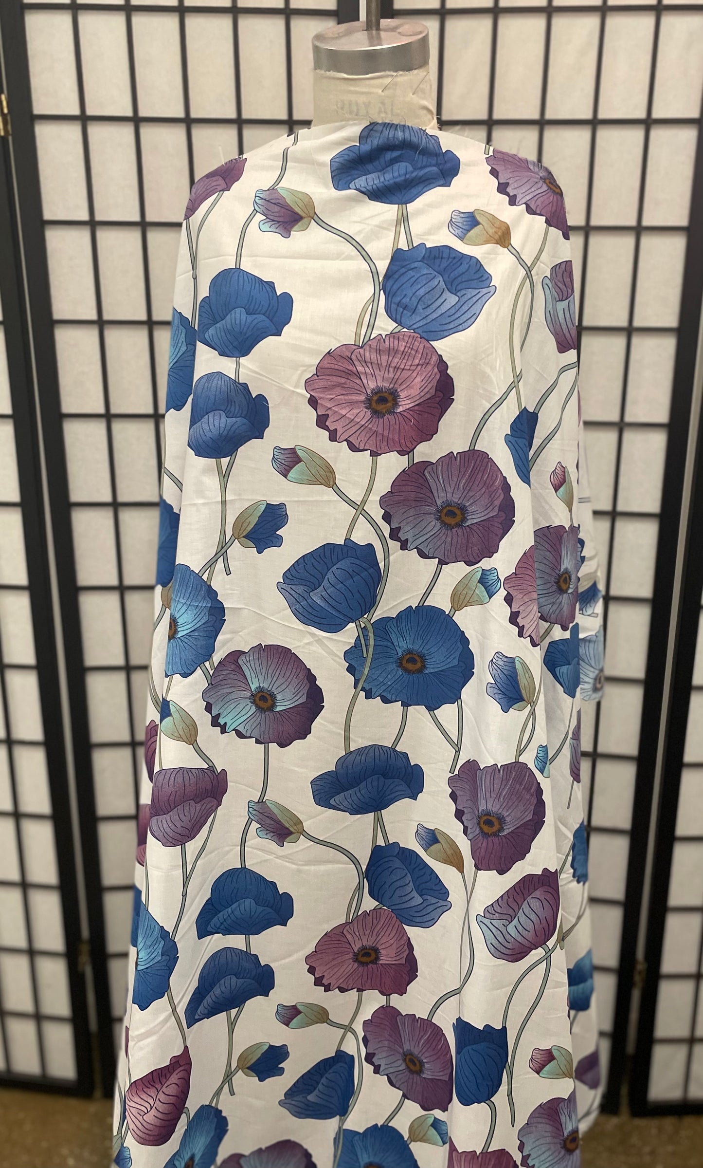 Lotus Floral Print Lightweight Cotton - White, Blue & Purple