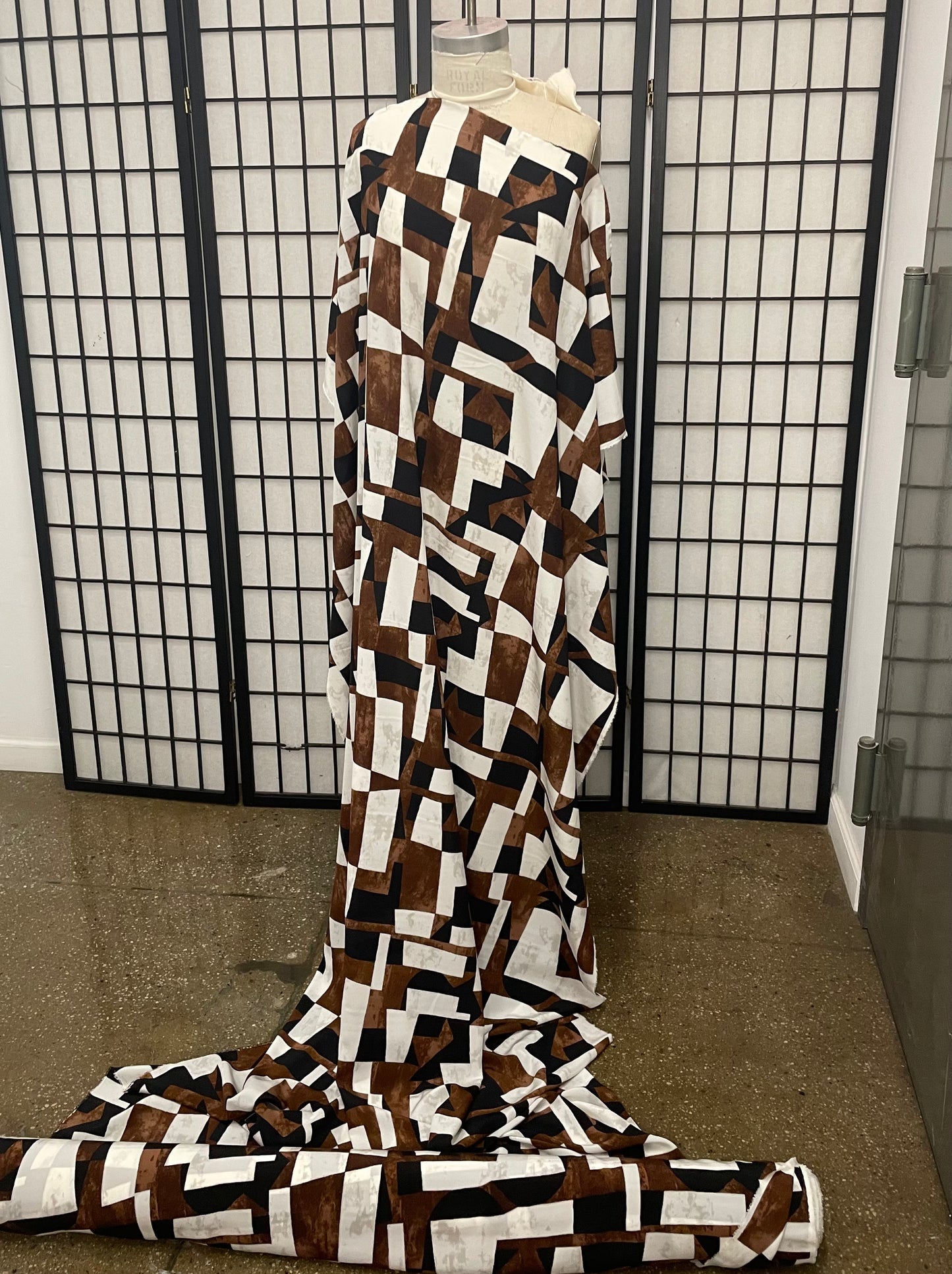 Geometric Printed Silk Crepe Duchene - White, Brown, Black