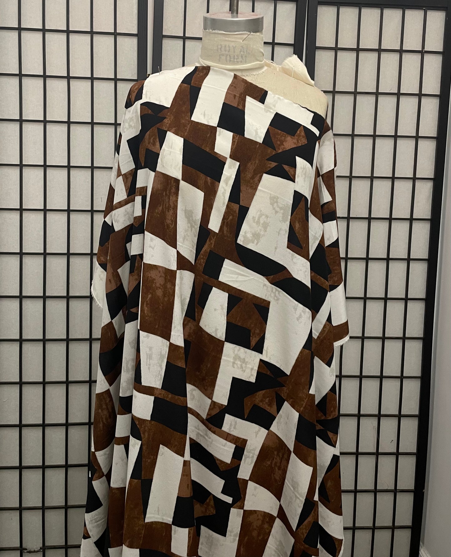 Geometric Printed Silk Crepe Duchene - White, Brown, Black