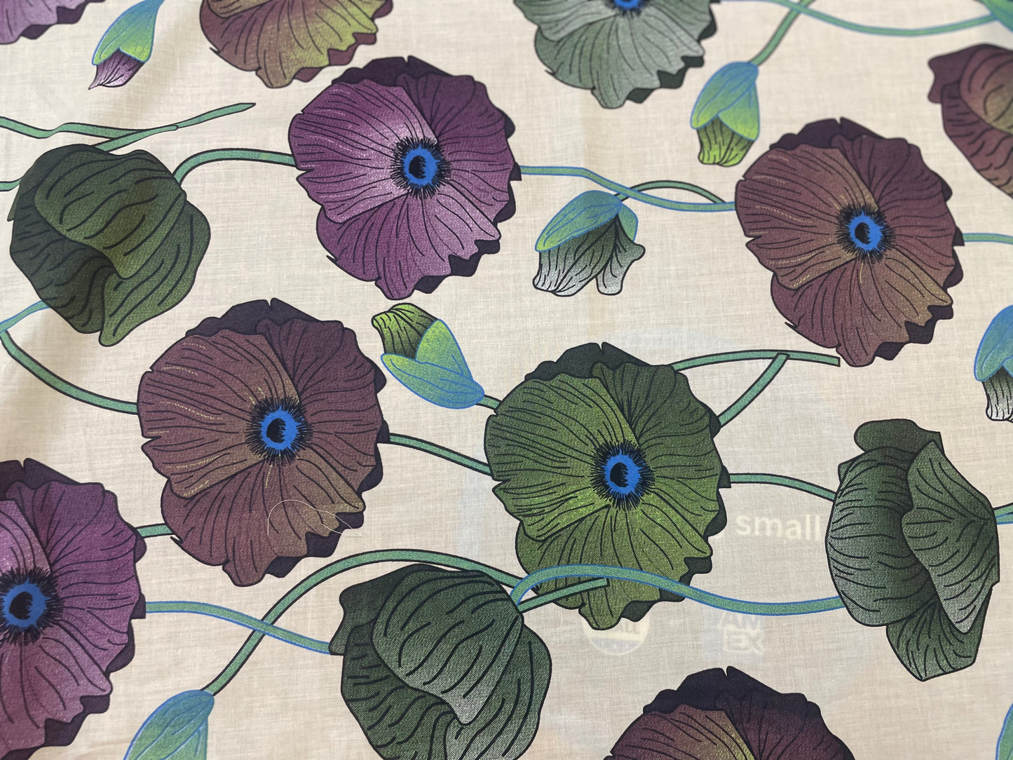 Lotus Floral Print Lightweight Cotton - Off-White, Green & Purple
