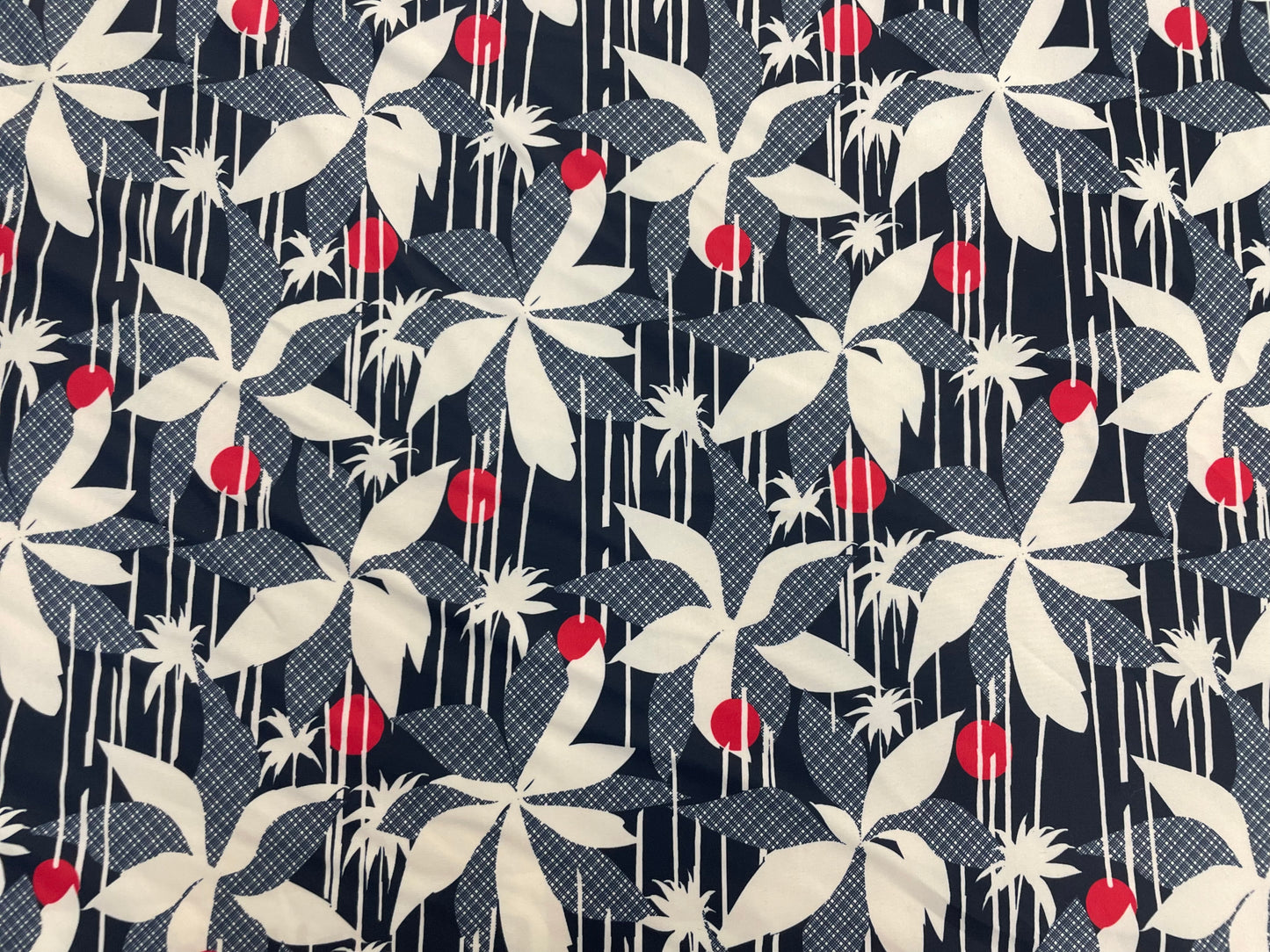 Floral Print Poly Lycra - White / Navy Blue / Red