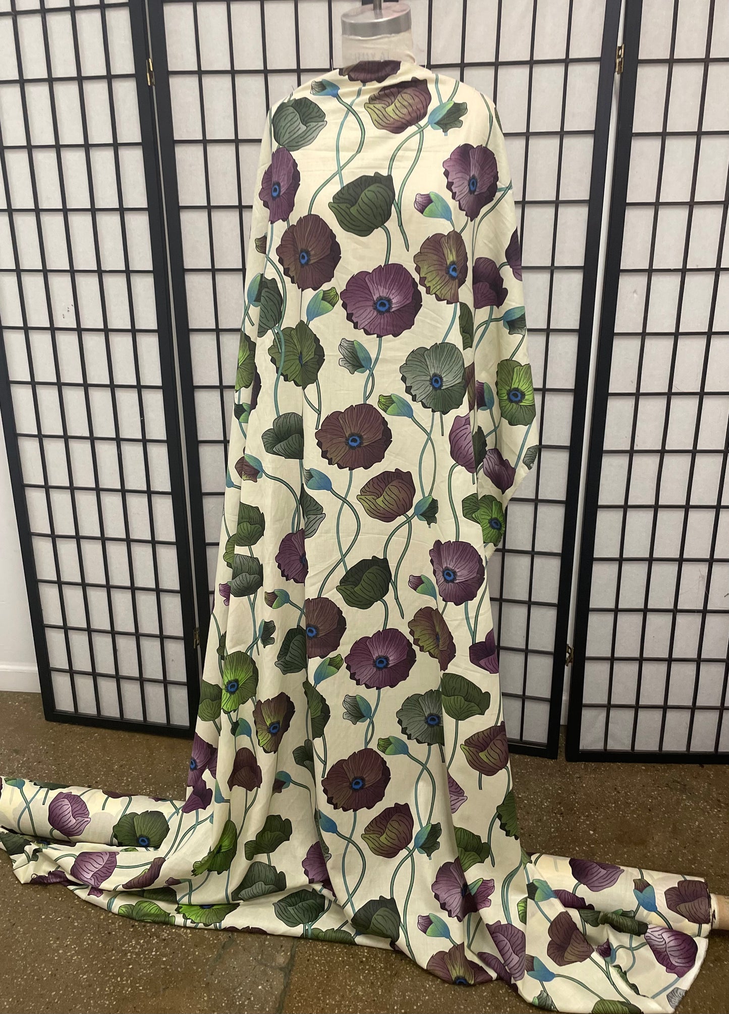 Lotus Floral Print Lightweight Cotton - Off-White, Green & Purple