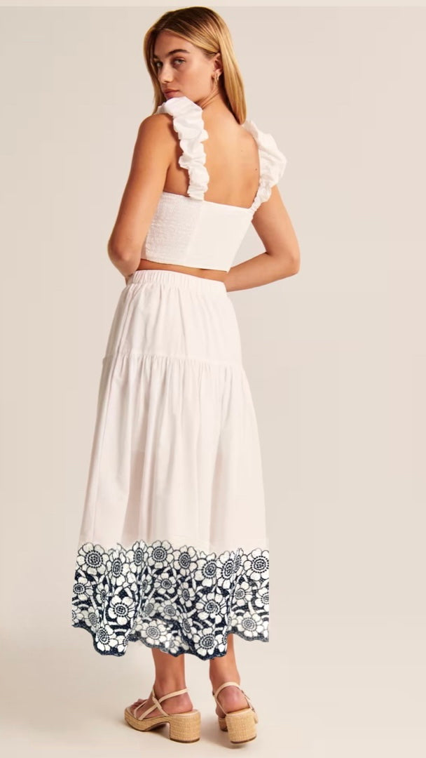 Embroidered Border & Textured Cotton - Ivory/Navy