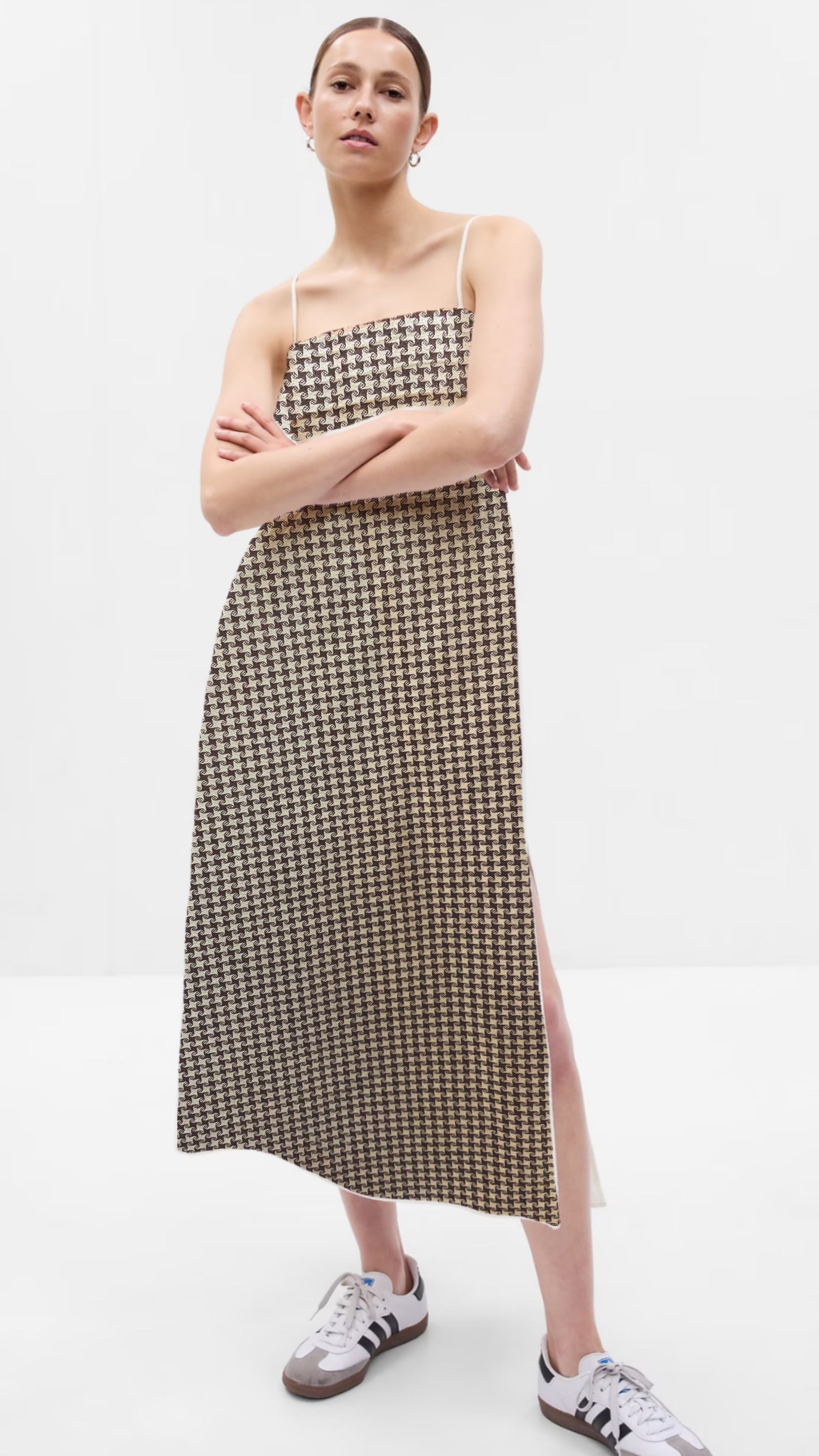 Italian Textured Houndstooth Print Cotton - White and Coffee Brown
