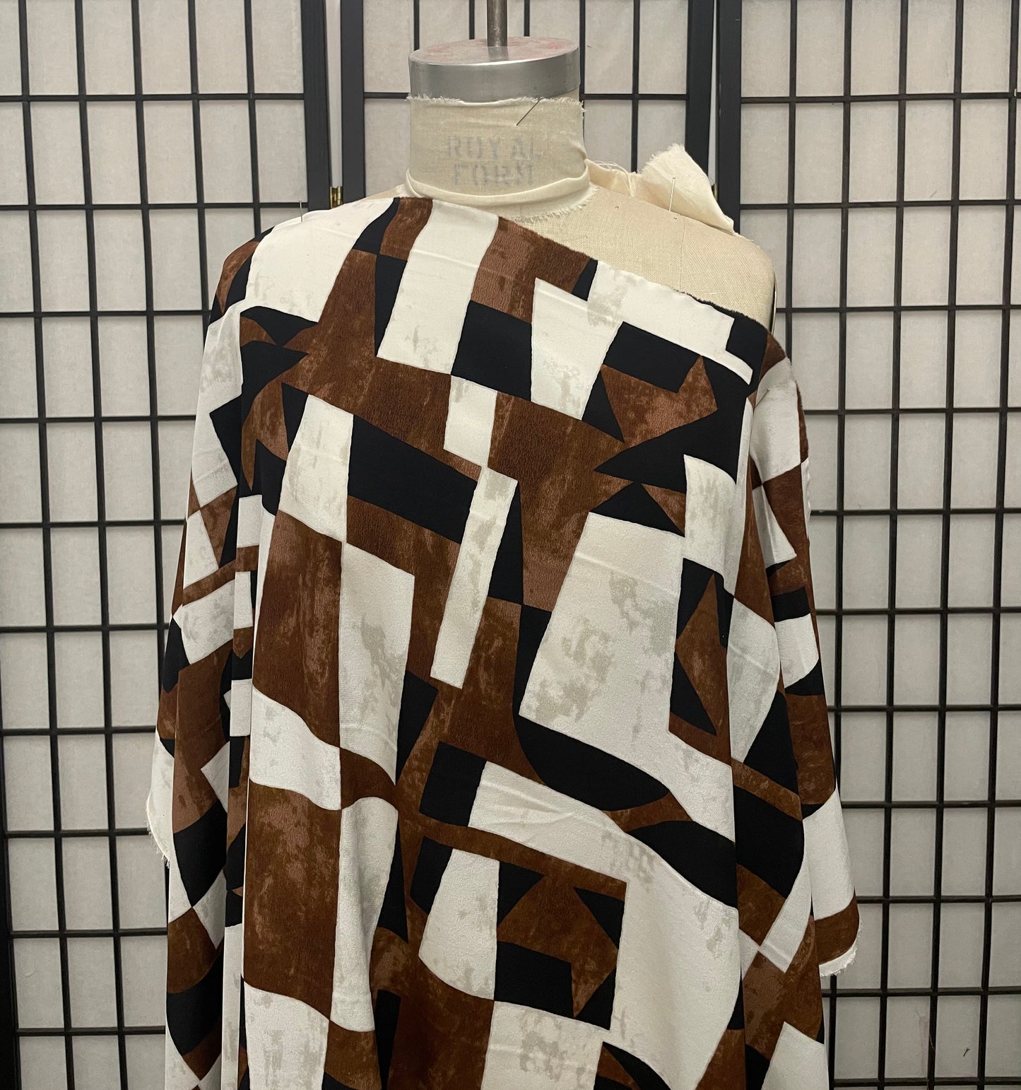 Geometric Printed Silk Crepe Duchene - White, Brown, Black
