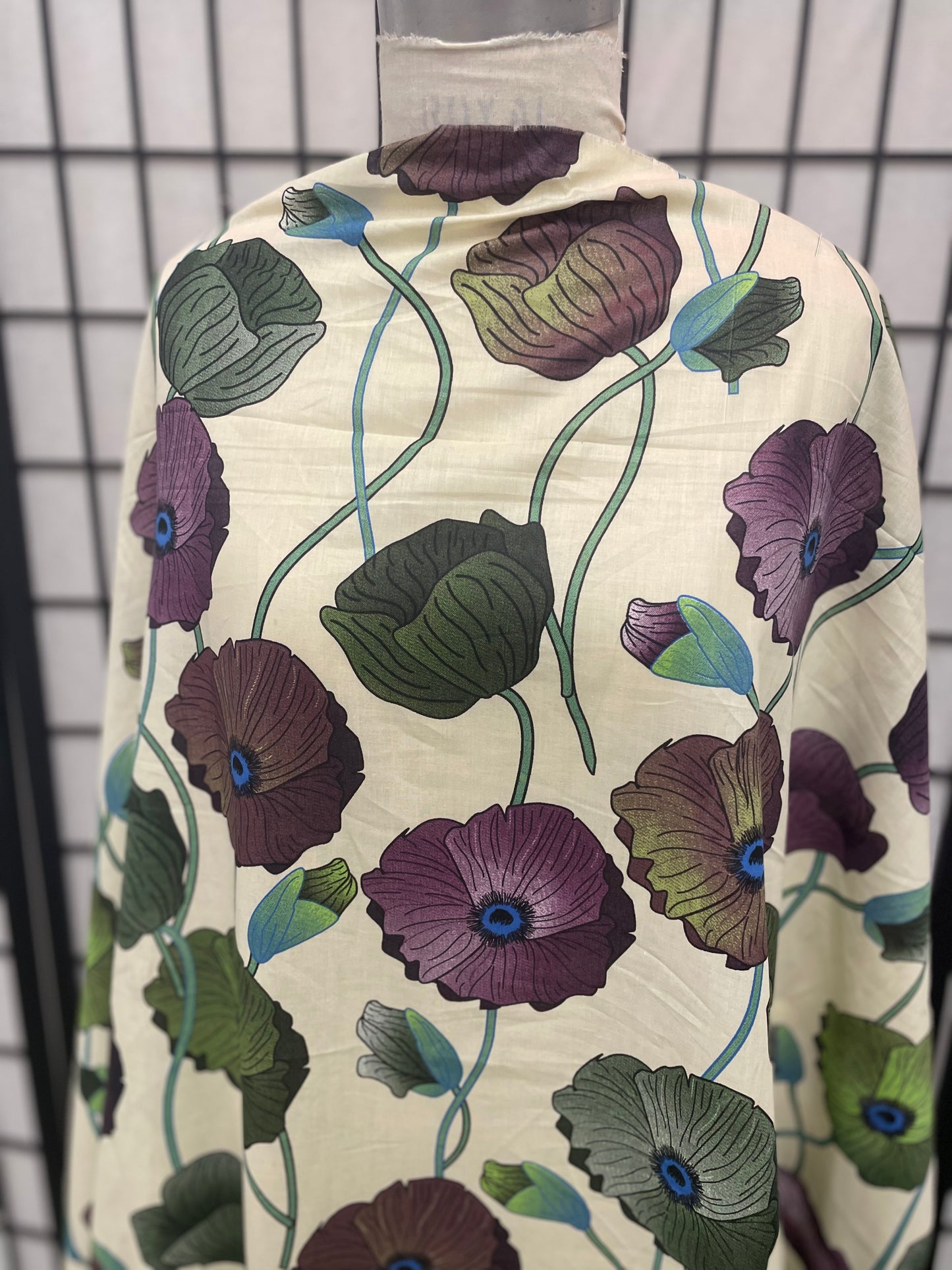 Lotus Floral Print Lightweight Cotton - Off-White, Green & Purple