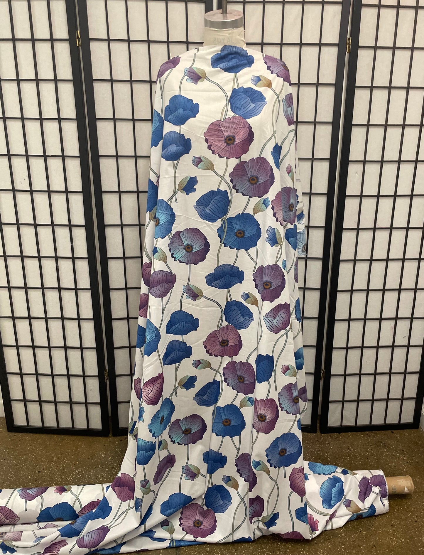 Lotus Floral Print Lightweight Cotton - White, Blue & Purple