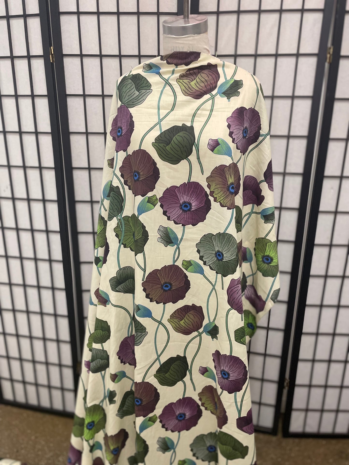 Lotus Floral Print Lightweight Cotton - Off-White, Green & Purple
